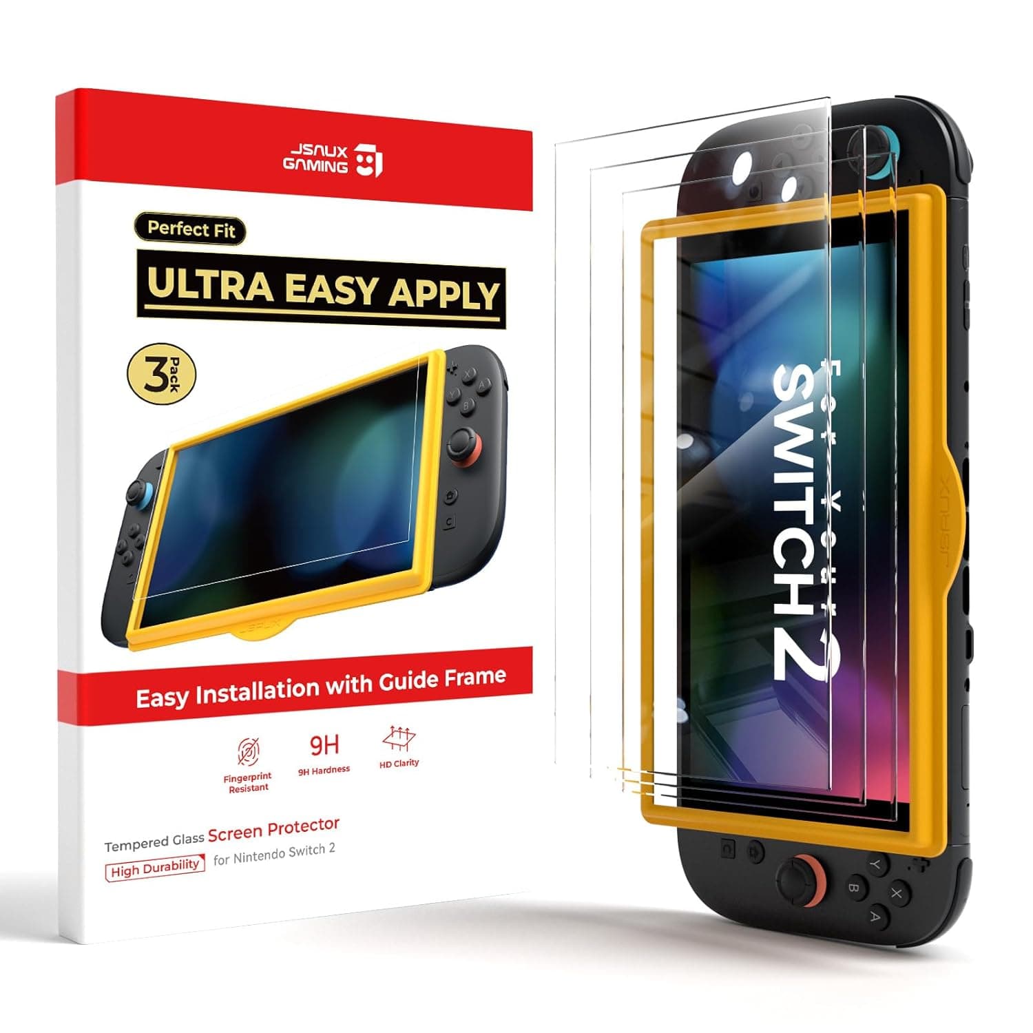 جي سوكس واقي شاشة لجهاز نينتندو سويتش 2 من 3 قطع، واقي زجاجي فائق الدقة بدرجة صلابة 9 سهل التركيب مع اطار توجيه من الزجاج المقوى المقاوم للخدش