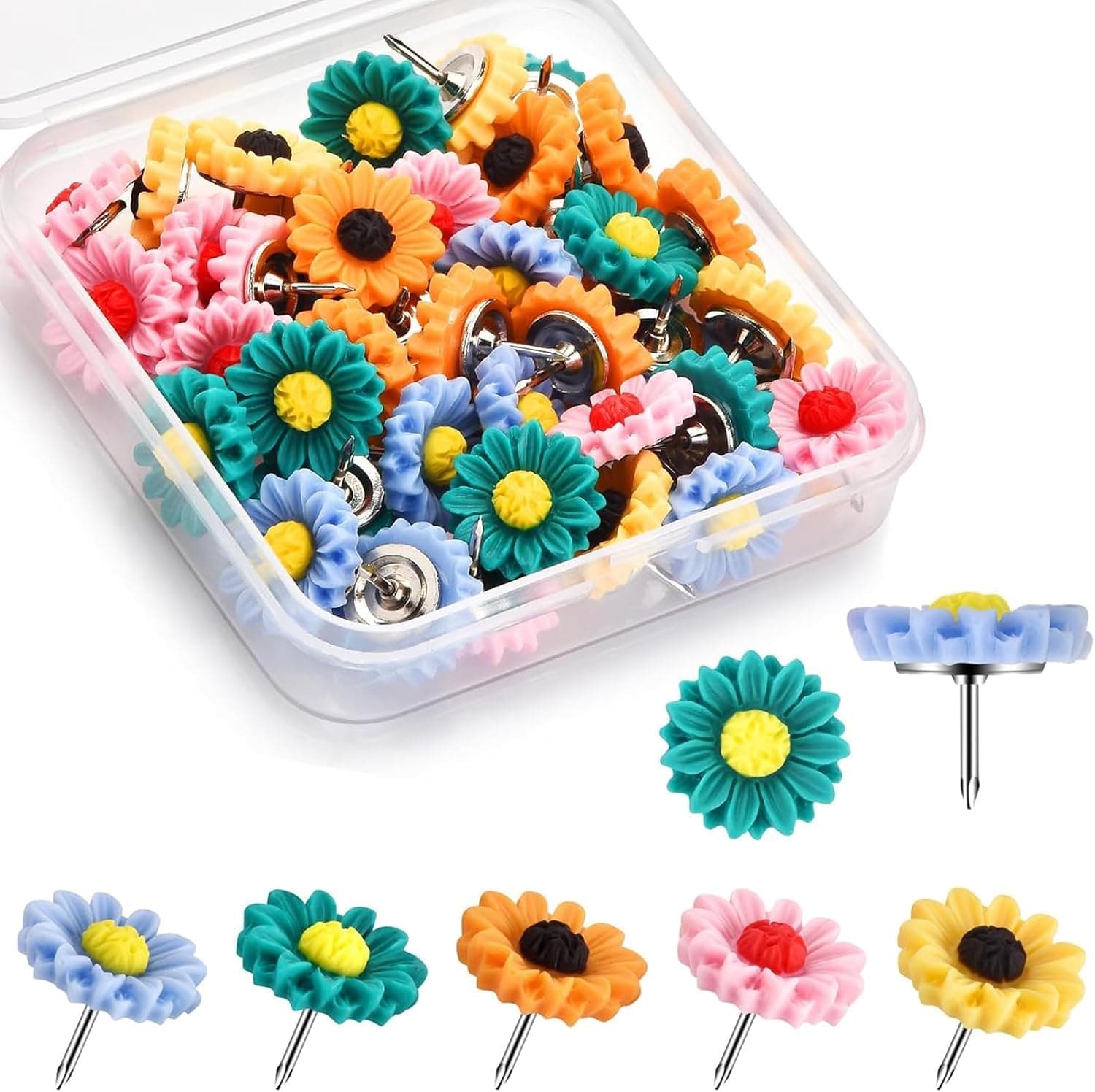 Bukela 40 PSC Colorful Sunflower Push Pins Decorative Thumbtacks for Cork Board, Photo Wall, Bulletin Board, Office and Home School Supplies