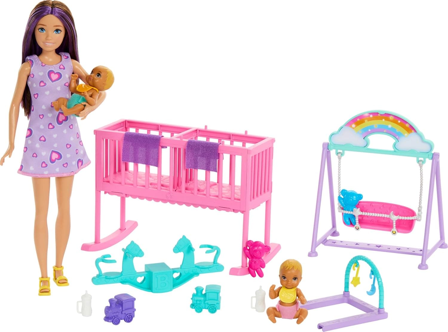 Barbie Twinning Nursery | with accessories, two twin baby dolls, a crib, a rocking swing and more, HXM99