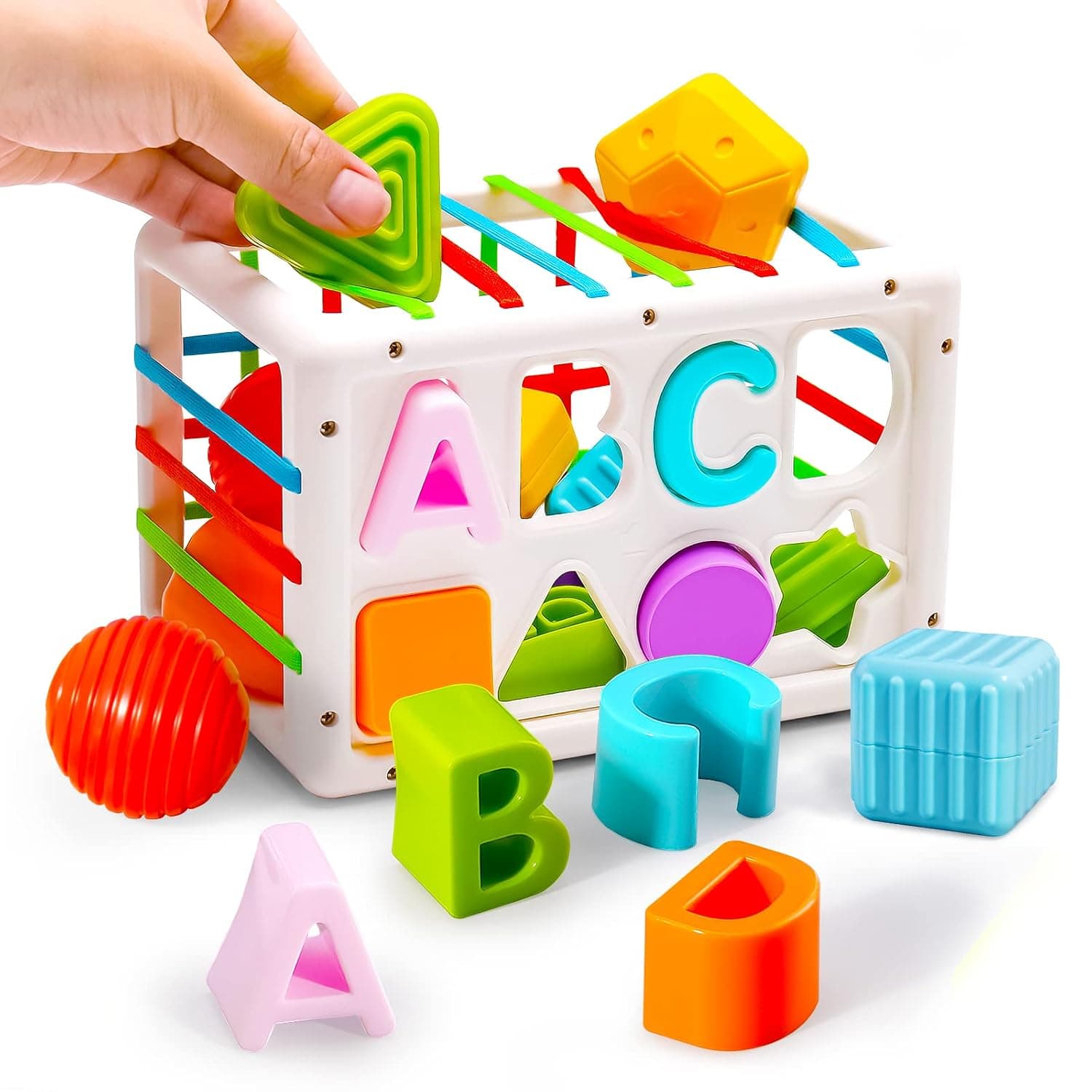 Baby Toys 6 to 12 Months,Montessori Toys for 1 Year Old,Sensory Shape Toys for Babies,Sorter Activity Cube Bin with Colorful Elastic Bands and 14 Pcs Multi Sorting Blocks,Learning Gifts for Girls Boys