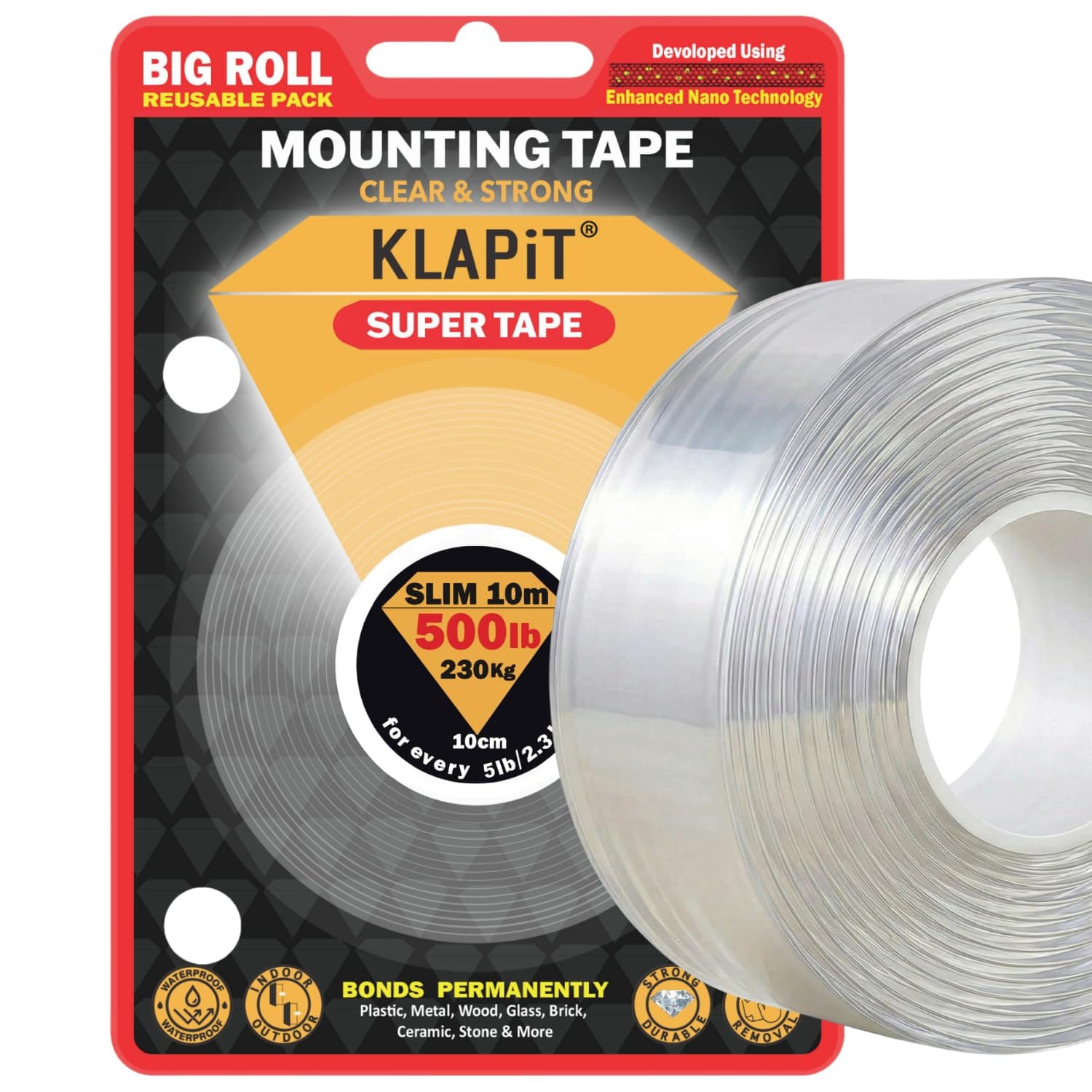 KLAPiT Super Tape - Clear Double Sided Waterproof Heavy Duty Mounting with Enhanced Nanotechnology Holds up to 230 KG for Home, Office, Kitchen, Bathroom Works on Walls, Wood, Metal, Glass, Ceramic