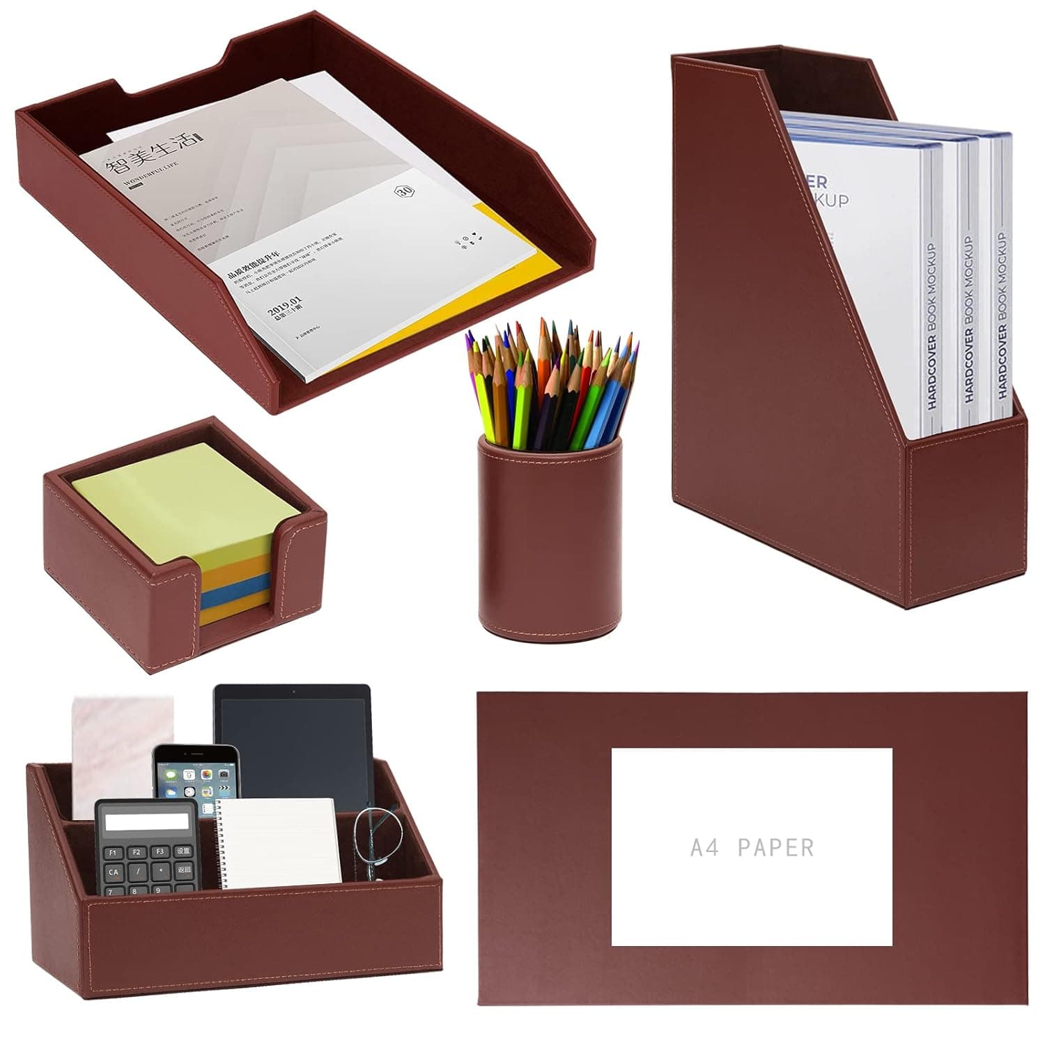 PU Leather 6-Piece Office Supplies/Desktop Organizer, Including Writing Pad, Paper Tray, Magazine Holder, Pen Cup, Note Holder, Letter Sorter, Suitable For Self-Use And Gift(Brown)