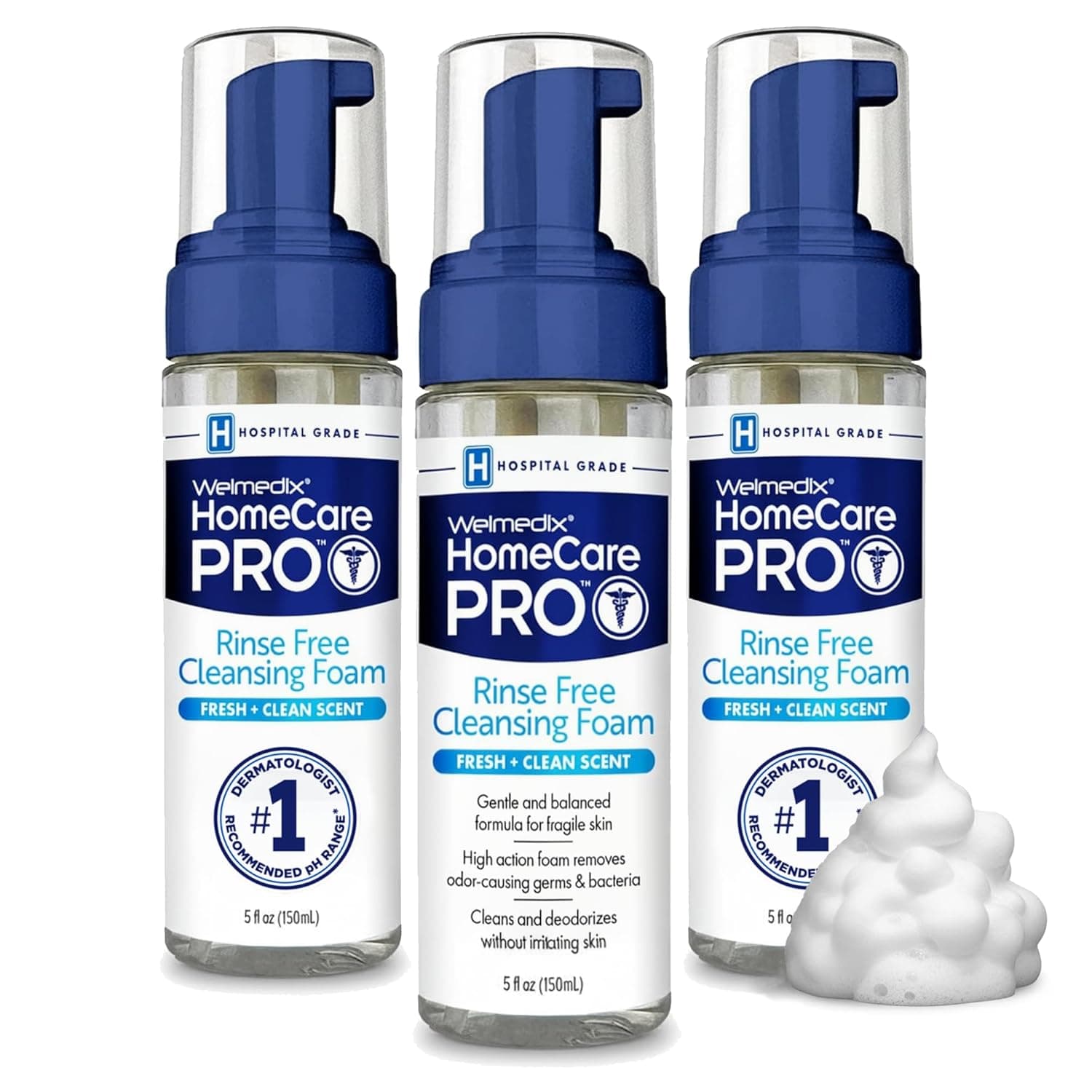 Welmedix No Rinse Cleansing Foam - Rinse Free & Waterless Body Wash, 3-in-1 Shampoo & Foaming Cleanser, Hospital Grade & pH Balanced - Pack of 3