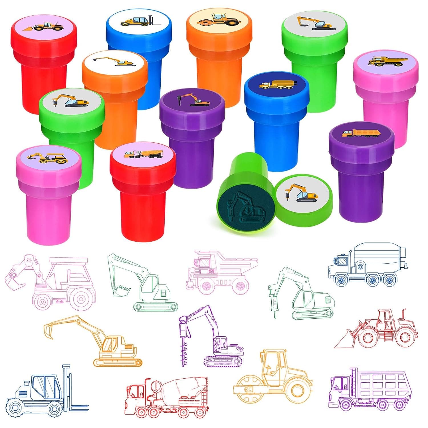 Cinrobiye 24 Pcs Construction Stampers Party Favor Set, Cute Building Site Stamps for Kids Birthday Party, Classroom Rewards, Educational Toys, Goody Bag Fillers, Construction Themed Party Supplies