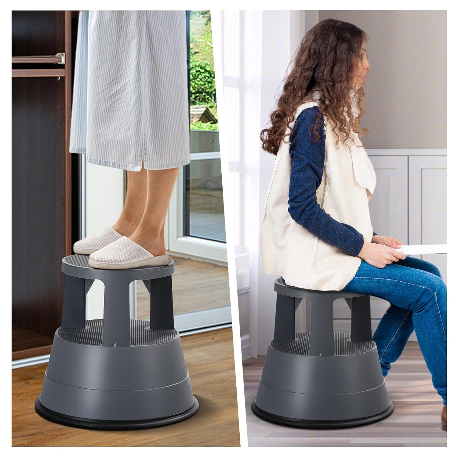 BETTARY Rolling Step Stool with Wheels, Kick Step Stool with 330 LBS Weight Capacity, Kitchen Step Stool with Non Slip Platform for Home Office, Library, Grey