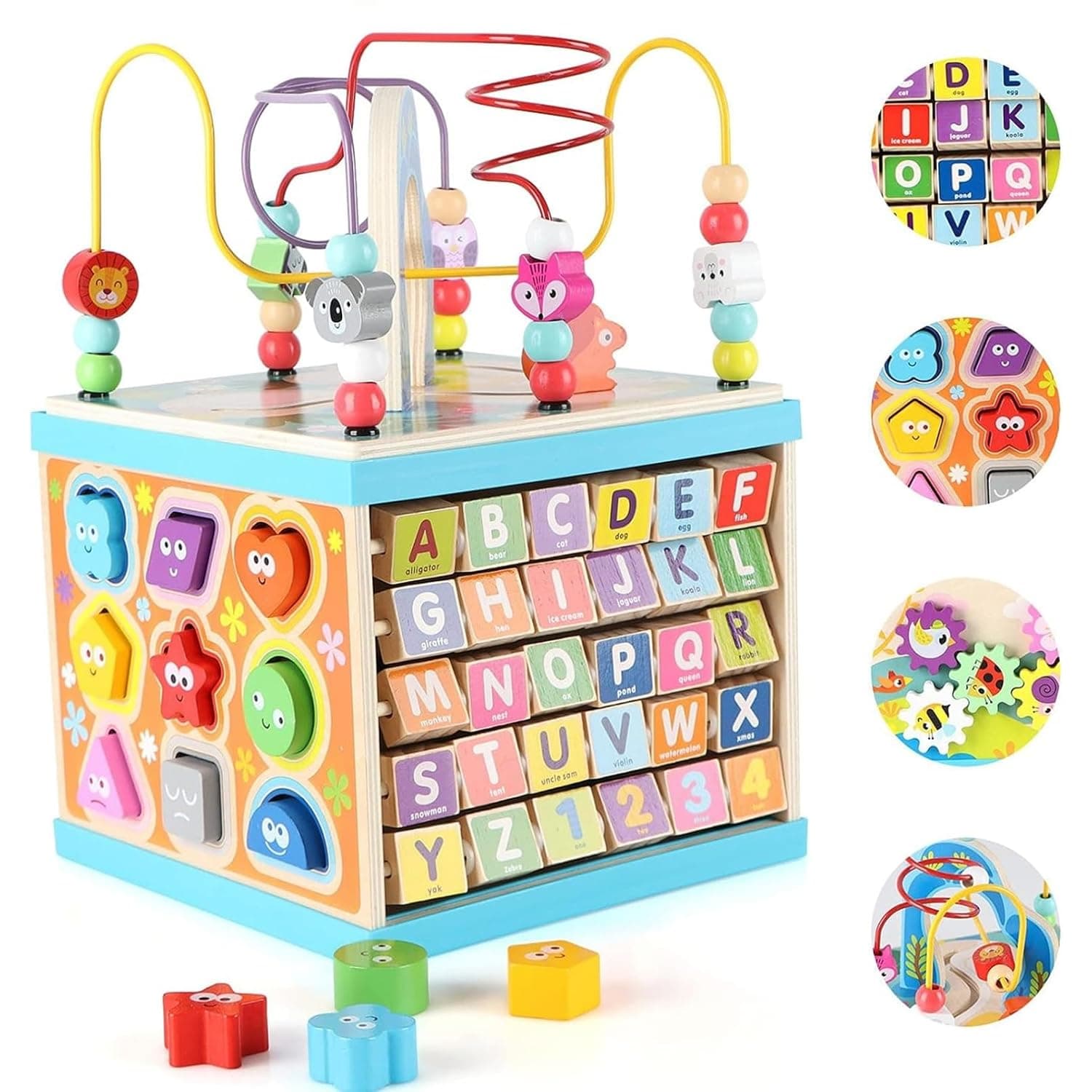 Andanna Wooden Activity Cube for Toddlers 3, Montessori Early Educational Toys 5 in 1 Multipurpose ABC 123 Abacus, Wooden Learning Toys for 3 Year and Up (5 in 1)