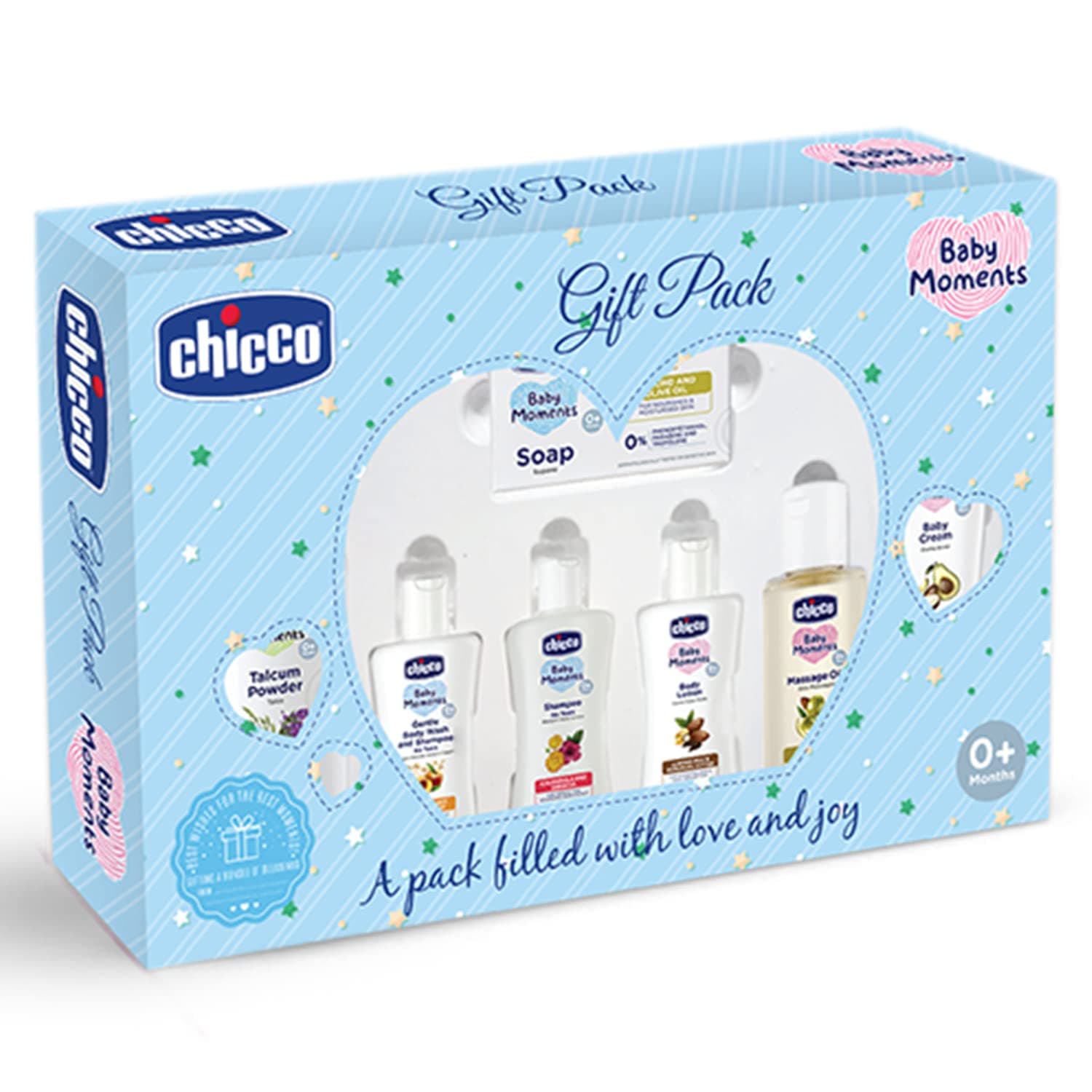 Chicco Baby Moments Baby Caring Gift Pack (Blue) with 7 Baby Skincare & Haircare Products | Baby Care Gift Set for Newborn Baby Shower, New Parents, and Birthdays | Phenoxyethanol Free