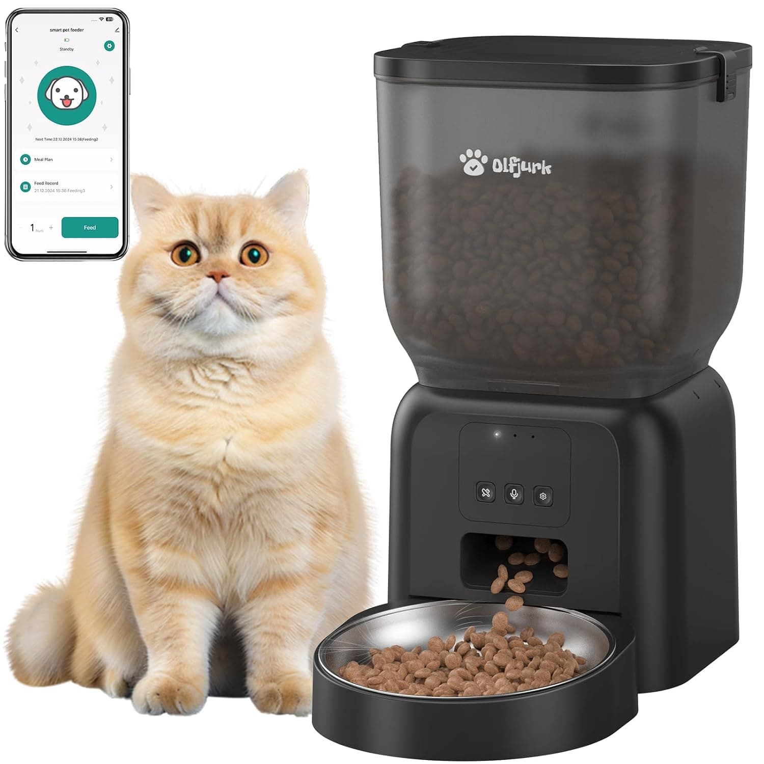 Automatic Cat Feeders with APP WiFi, 4L Pet Food Dispenser for Cat & Small Dog with Stainless Steel Bowl, Portion Control- Battery and Plug-in Power Up to 6 Meals(1-15 Portion) Per Day