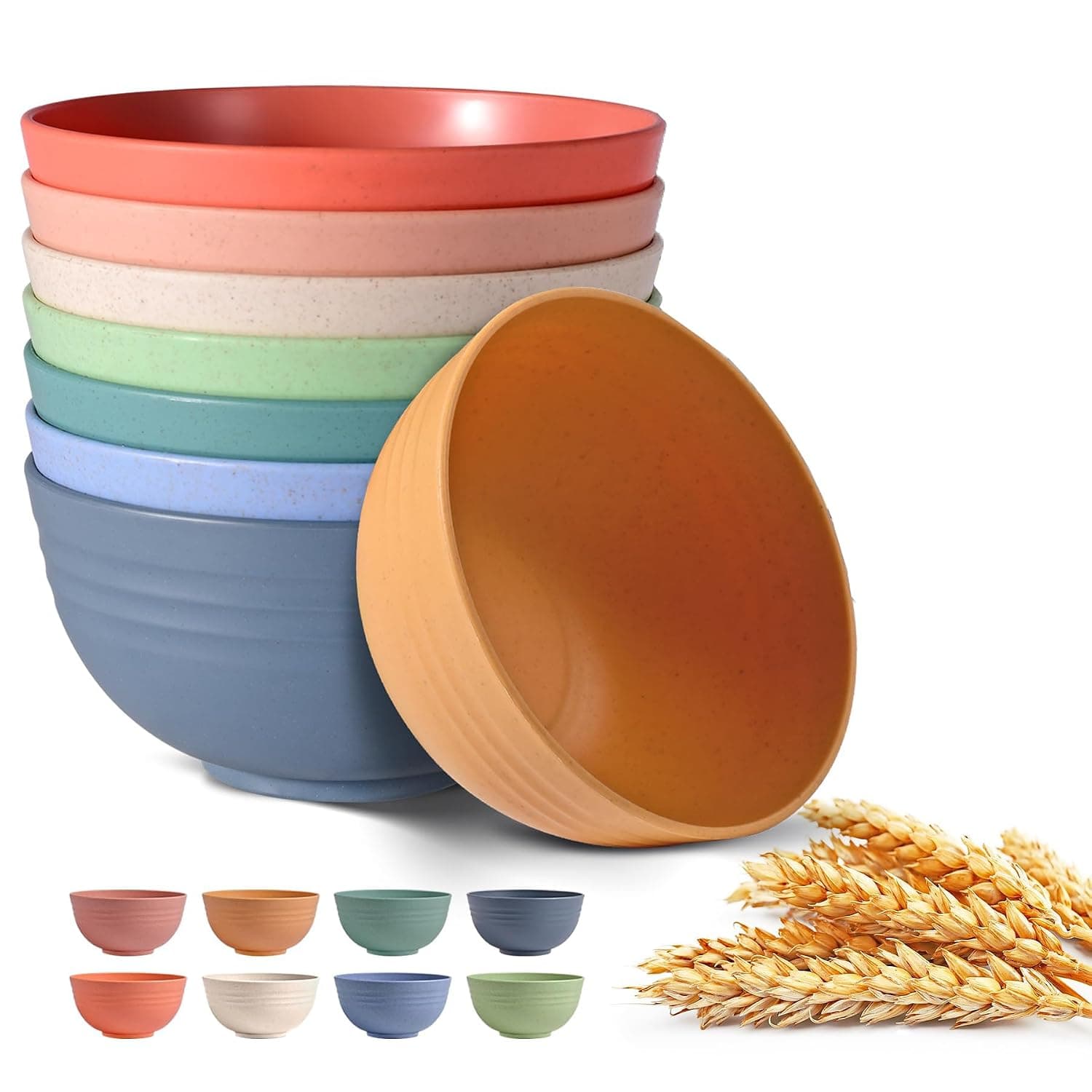 Wheat Straw Bowls Set, Microwave & Dishwasher Safe Soup and Salad Bowls, Noodle Fruit Soup Bowl Rice Bowls, Safe Cereal Bowl Sets, BPA Free, 26oz, Multicolor, Set of 8