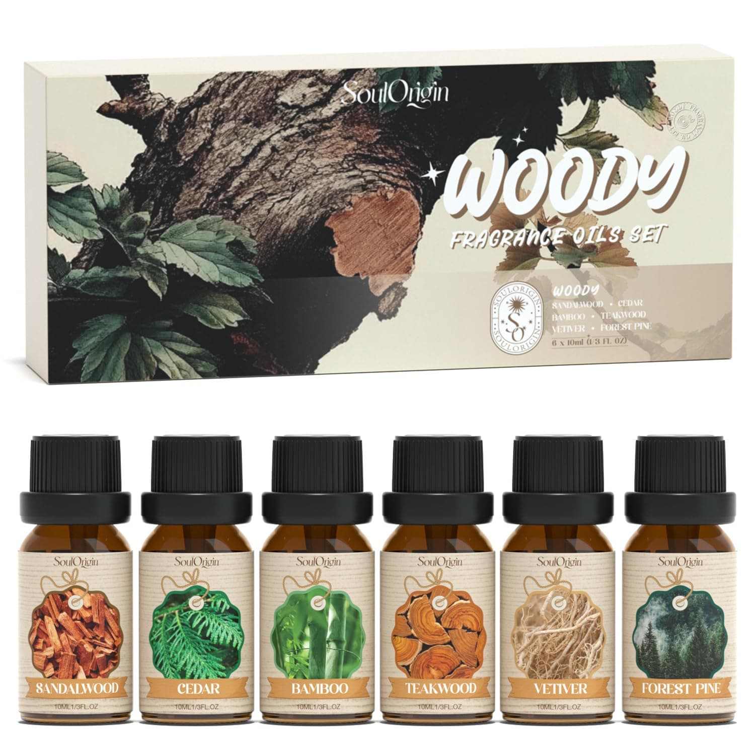 SoulOrigin Essential Oil Wooden Fragrance Oils Set, Fragrance Oil Set for Oil Diffusers, Fragrance Oils for Soap Candle Making 6 x 10 ml - Sandal Wood, Cedar, Bamboo, Teak Wood, Vetiver and Forest