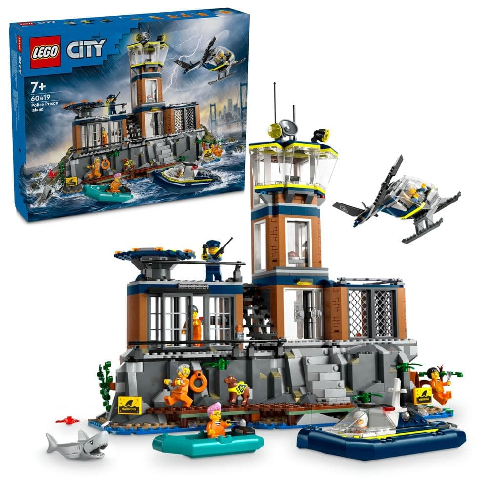 LEGO City Police Prison Island 60419 | Police Toy, Helicopter, Boat, 7 Minifigures plus Dog & Shark Figures, Gift for 7+ Year Old Boys & Girls, 980 Pieces