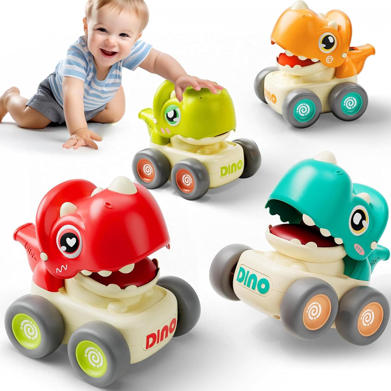 ALMEKAQUZ Dinosaur Racing Cars for Toddlers 1-3, Baby Press and Go Car Toys, Infant Play Vehicle Set with Whistle, Baby Push Go Friction Car Toys for 18M+, 1st Birthday Gift(4pcs)