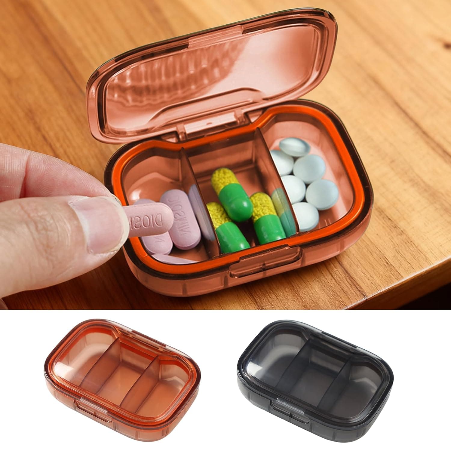Transparent Pill Organizer Box Portable Travel Medicine Container Compact Pill Case for Daily Vitamins Storage 2PCS(Black,Browm)
