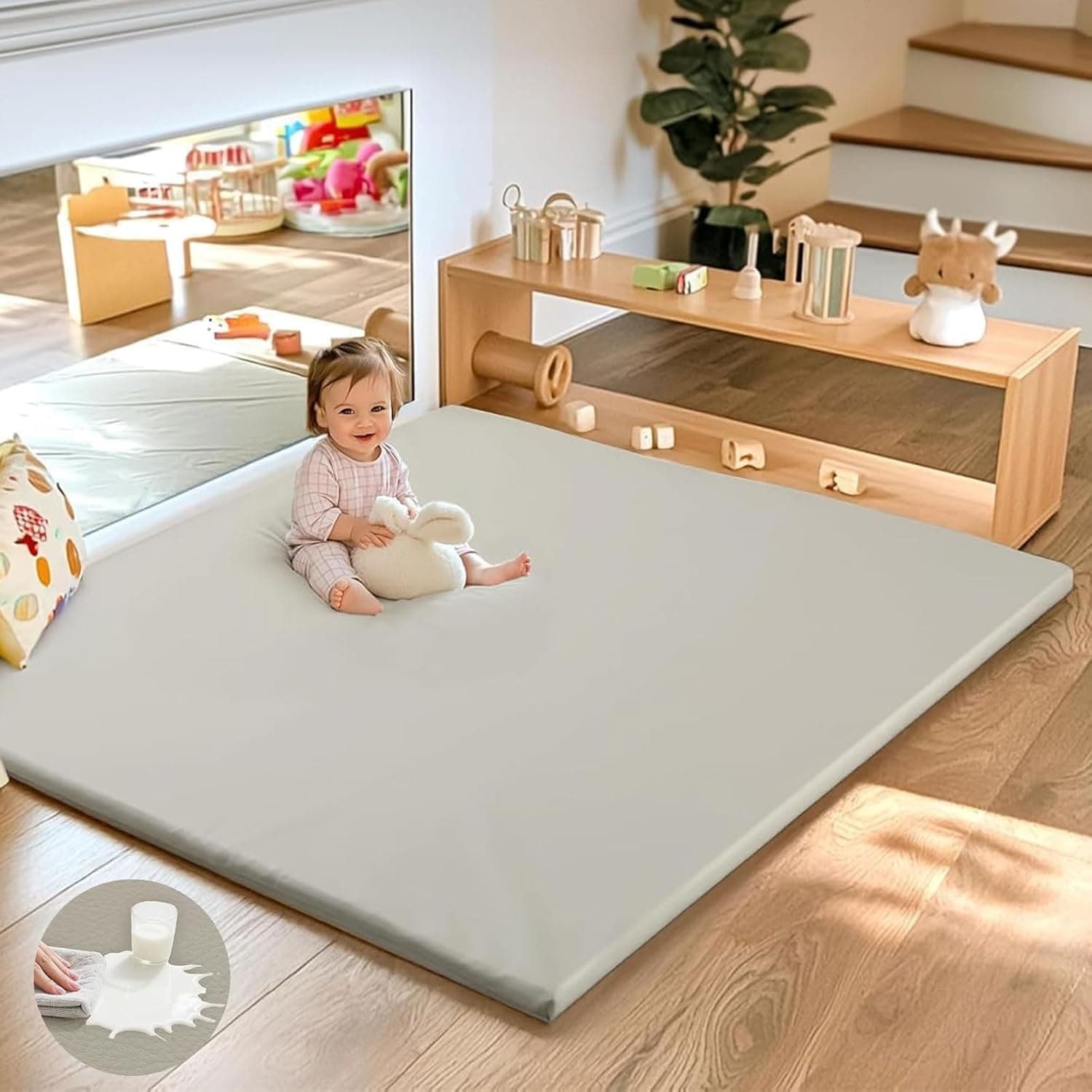 Play Mat,3cm Thick Premium Foam Crawling Mat, Thick & Super Soft Vegan Leather Floor Mat, Non-Slip Cushioned for Toddlers for Living Room Suitable for Playpen -Yoga (127 * 127 * 3cm Grey)
