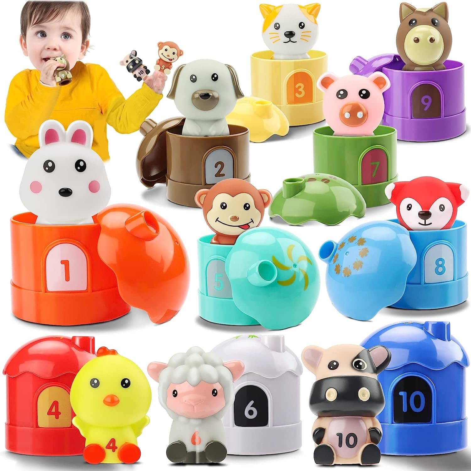 Soofam Farm Animals Toy, 20 Pcs Montessori Counting,Matching & Color Sorting Set, Animal Finger Puppets & Barn Toy for Kids,Learning Toys for 1 2 3 Years Old Toddlers