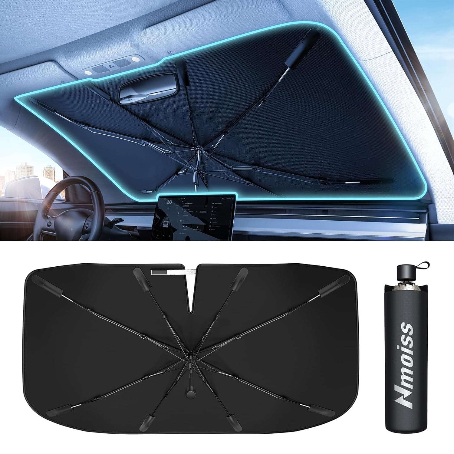 [2024 Upgrade] Sun Shade Umbrella for Car Windshield - [Newest Vinyl Coating] Protect Car from Sun Rays & Heat Damage Keep Cool and Protect Interior, Spring Structure Umbrella Edge Protect Interior