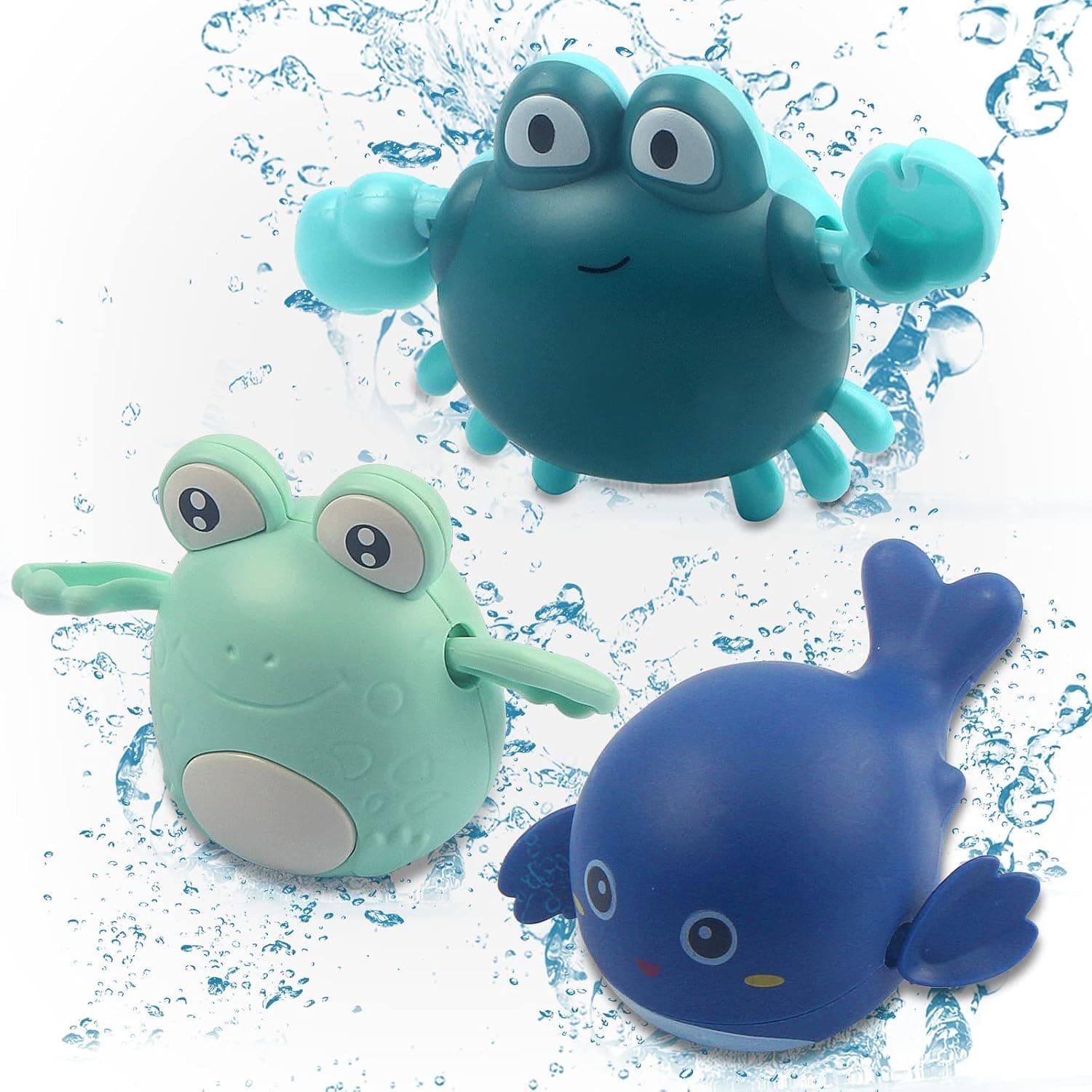 Excefore Baby Bath Toys - 3PCS Smooth Safe Clockwork Dolphin Crab Frog Toys for 1-5 Year Olds, Fun for Bath/Swimming Pool/Basin, Random colors