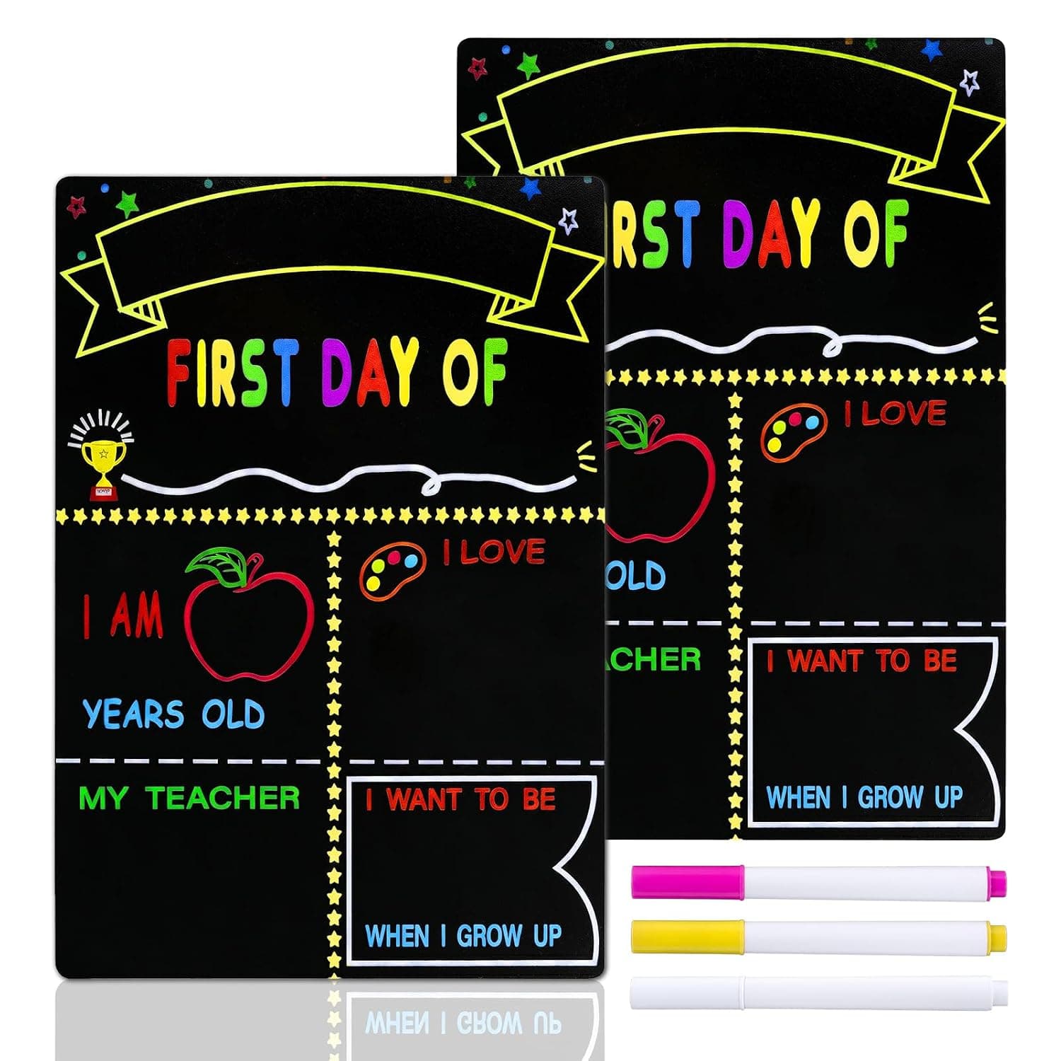 2 Pcs First Day of School Board, with 3 Colored Pen, Double Sided Reusable Blackboard, Easy to Clean Back to School Supplies, for Kindergartens and Preschools,Creative Photo Props (11.81 * 7.87 in).