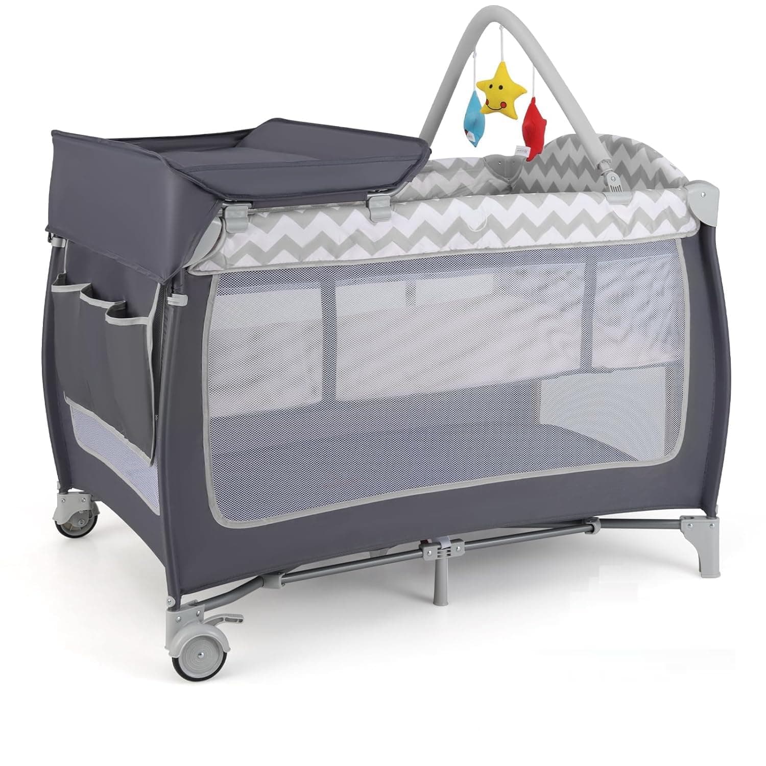 4 in 1 Pack and Play, Portable Baby Playard with Bassinet, Side Zipper Door, Changing Table, Indoor Outdoor Travel Nursery Center w/Hanging Bar, Lockable Wheels, Carry Bag