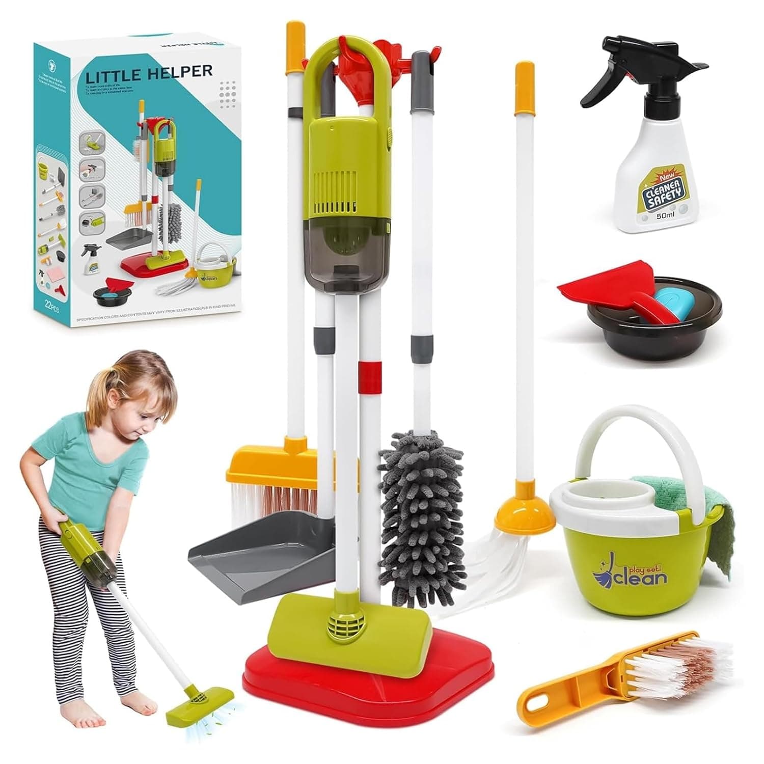 Andanna Toddler Cleaning Set,14Pcs Kids Cleaning Toy Set with 2-in-1 Kids Vacuum That Really Works, Pretend Home Cleaning Play Set, Vacuum Cleaner with Working Suction for Realistic Play(Red)