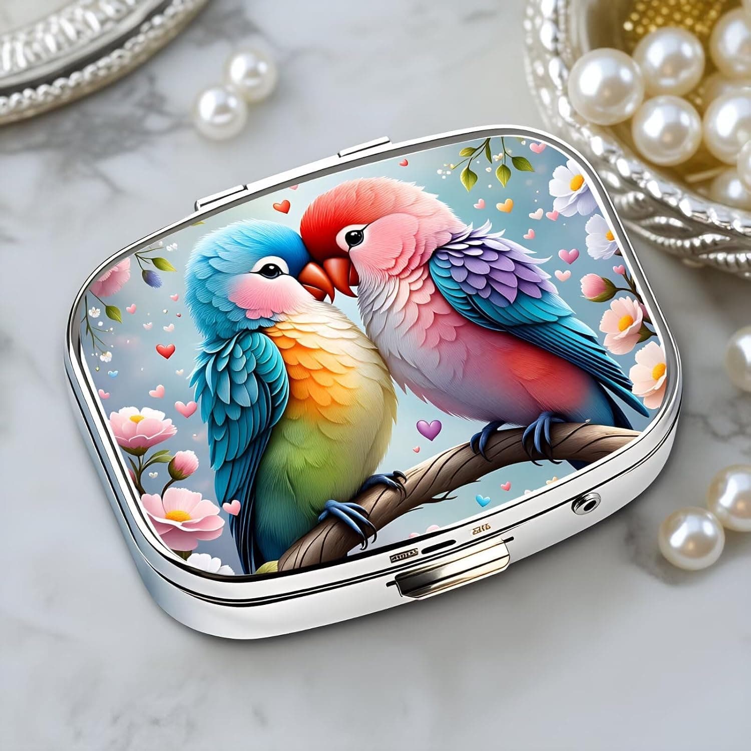 Chic Colorful Love Parrots Sweet-Compartment Metal Pill Box – Compact and Stylish Medication Organizer, Food-Safe, Portable for Wallet or Pocket, Perfect for Vitamins and Supplements