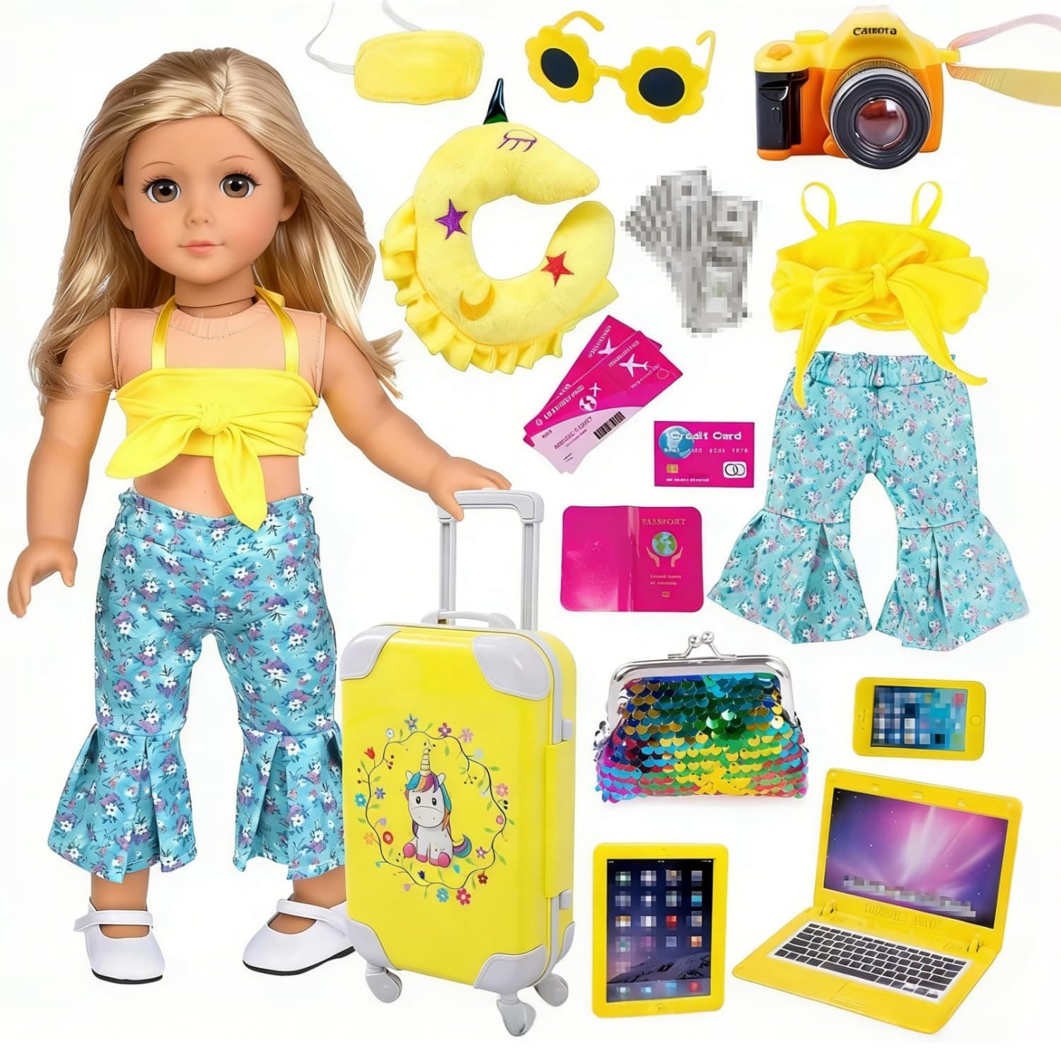 Ebuddy 18 Inch Doll Clothes And Accessories Travel Set With Unicorn Printed Luggage Suitcase For Most 18 Inch Dolls (No Doll)