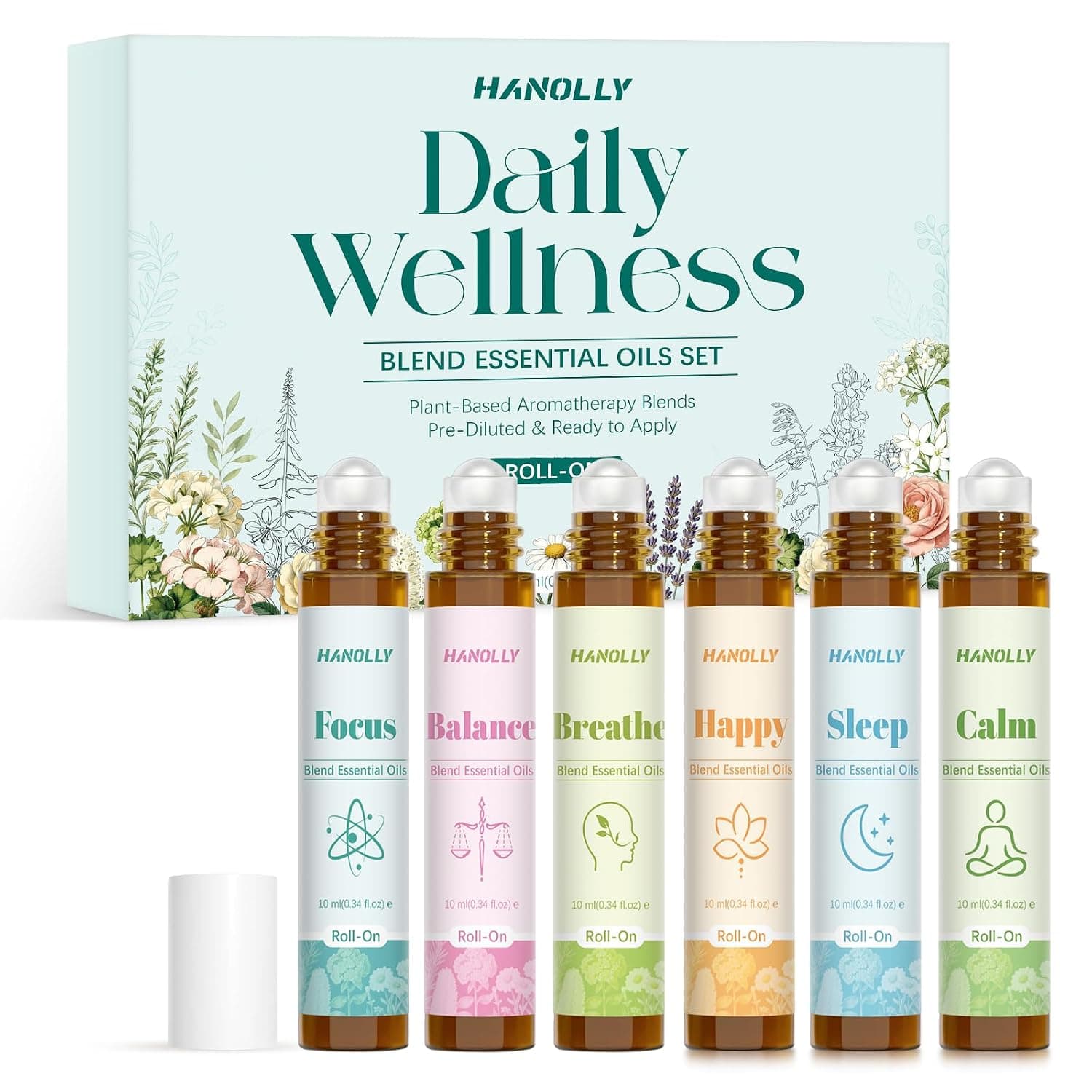 HANOLLY Essential Oil Roll-On 6x10ML, Set of Natural Essential Oils, Ready-to-Use Aromatherapy Fragrance, For Use on Skin and Wrists, Relaxing, Cheerful Mood