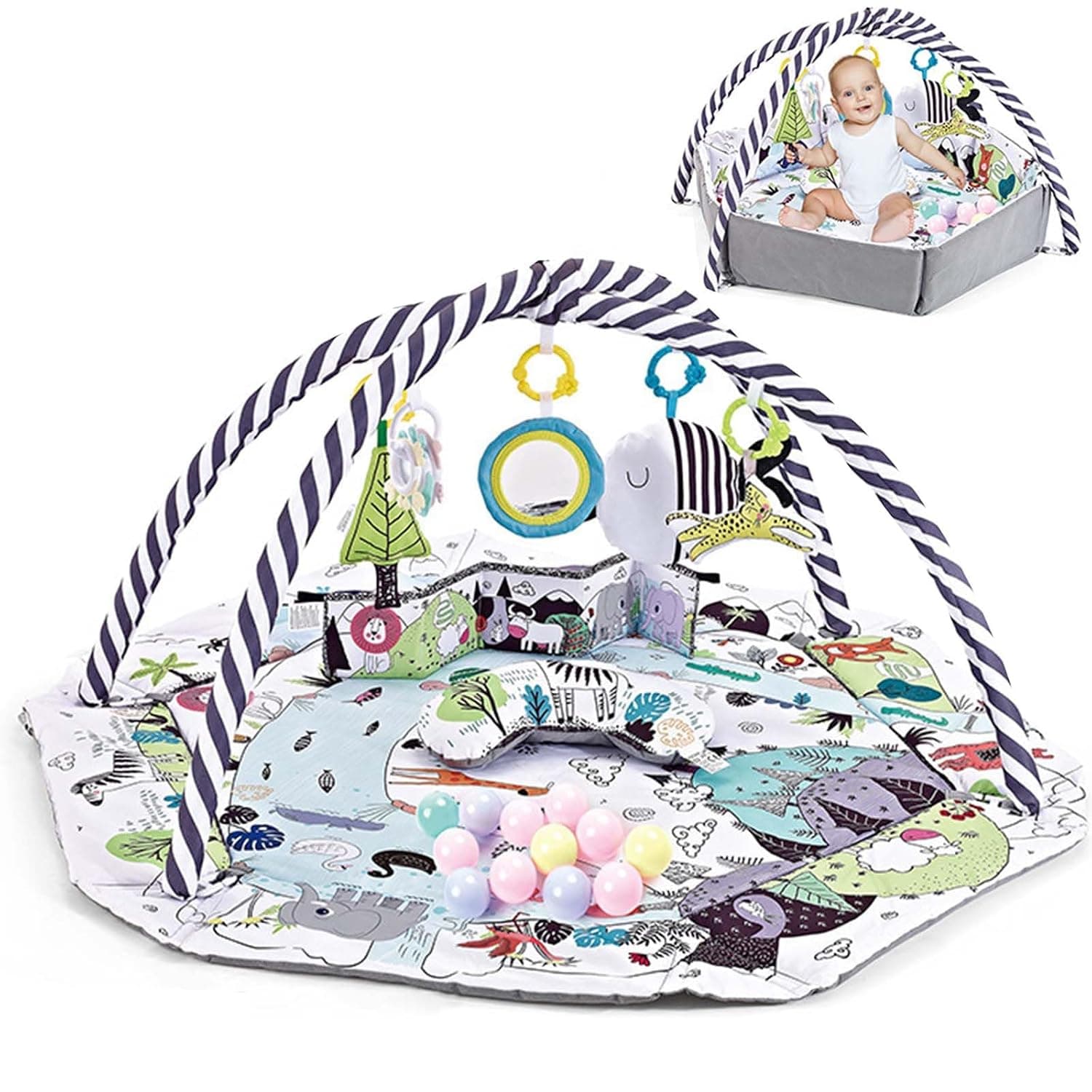 Baby Gym Play Mat, 8-in-1 Tummy Time Activity Mat & Ball Pit with 5 Hanging Toys and 18 Ocean Balls, Baby Toys Gift for Toddler Infant 0-3-6-9-12 Months (A)