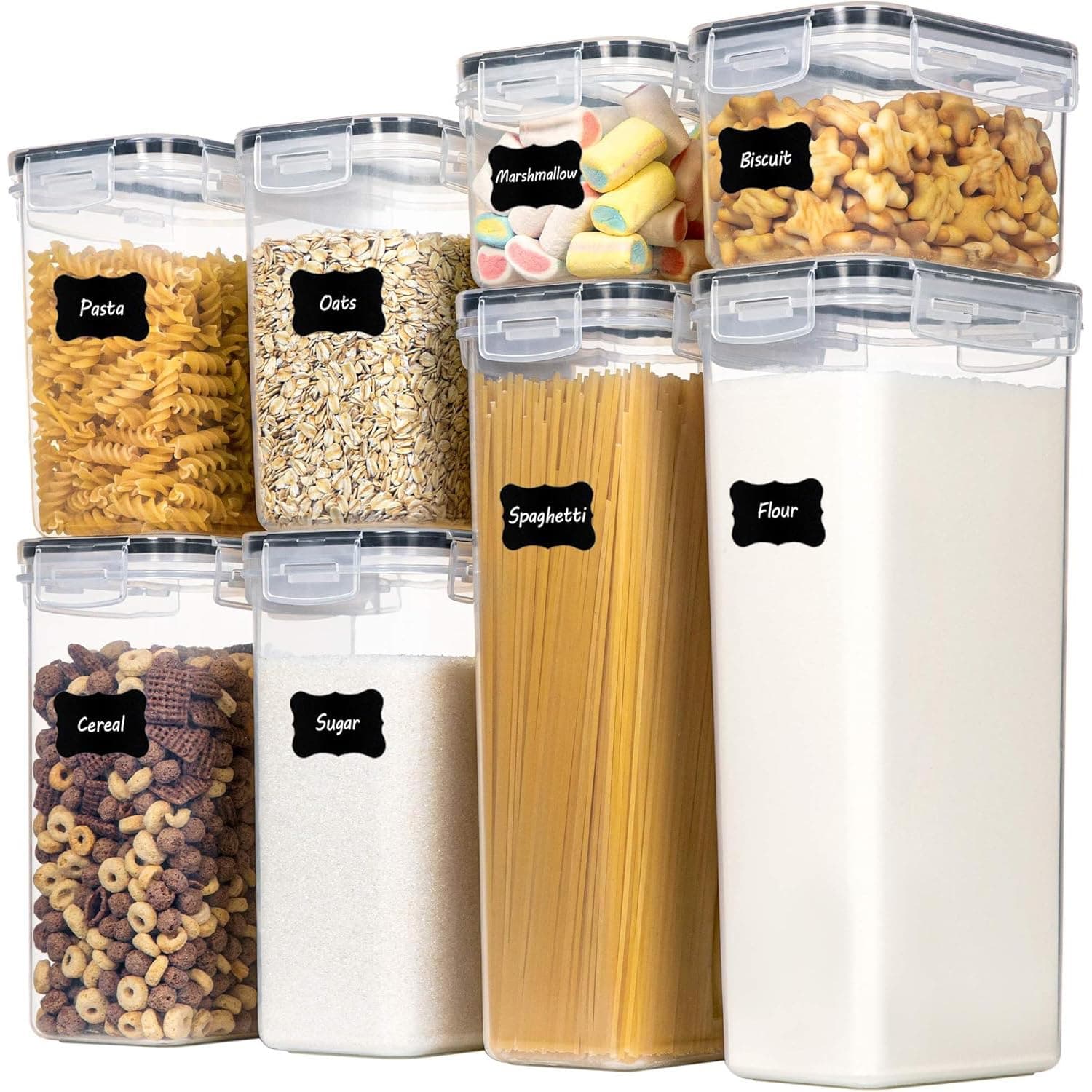 8 Pack Airtight Food Storage Containers, Food Storage Containers, Kitchen and Pantry Organization Canisters for Cereal, Dry Food, Flour and Sugar, Snacks, Food Grade and BPA Free