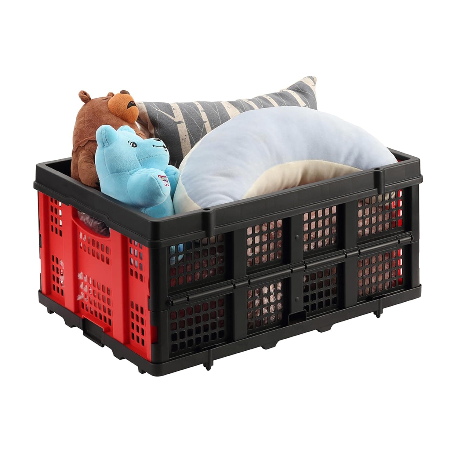 Lawazim Foldable Basket - 56x40x26CM Red and Black - Collapsible Plastic Storage Crate with Stackable Ventilated Design, 20kg Capacity, and Ergonomic Handles - for Home, Car, Garage, and Office Use
