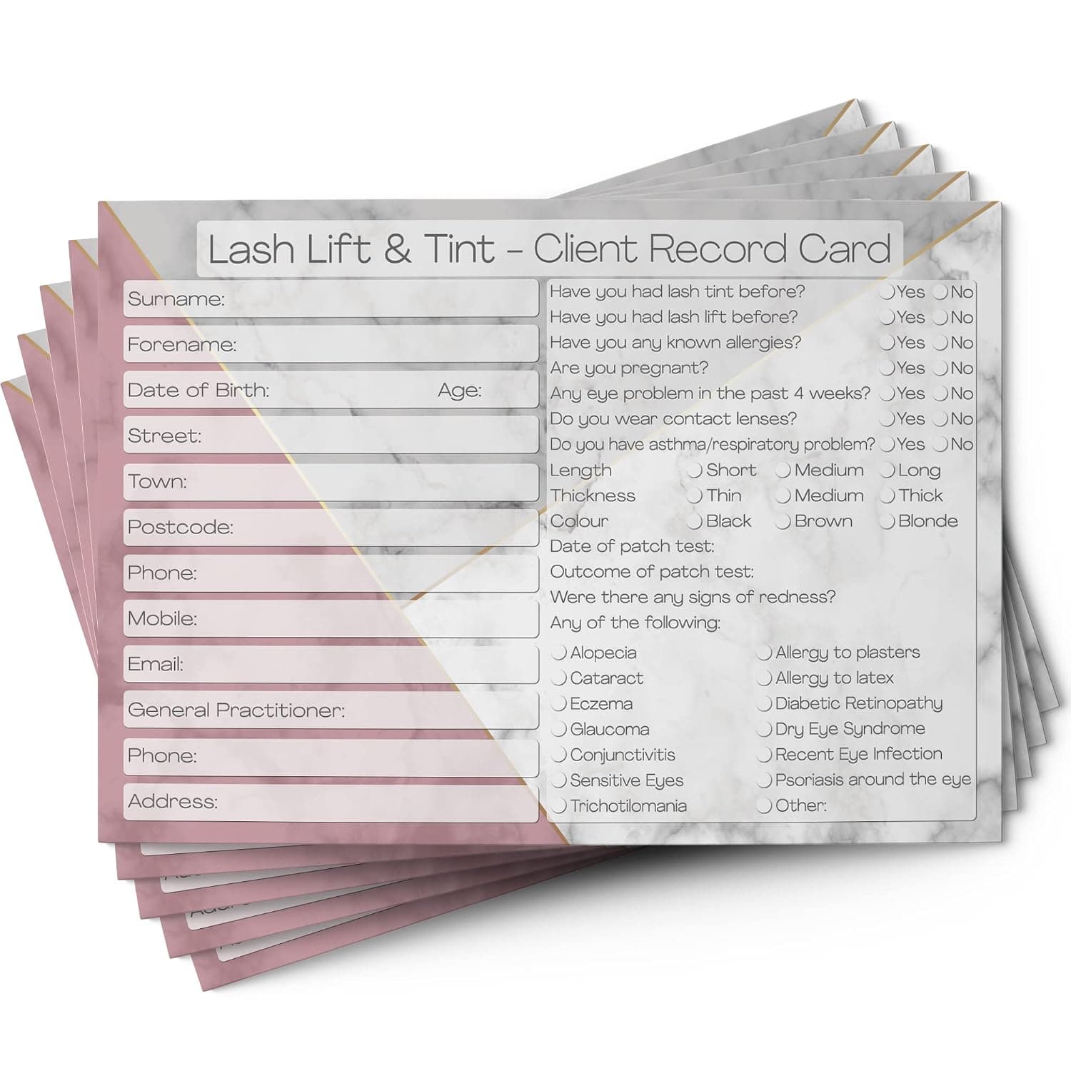 Lash Lift & Tint Client Cards - Salon and Therapist Customer Consultation Record - Treatment Services Essentials - Profile and Recording Forms - Gift Loyalty Vouchers Beauty Stationery Pack of 50