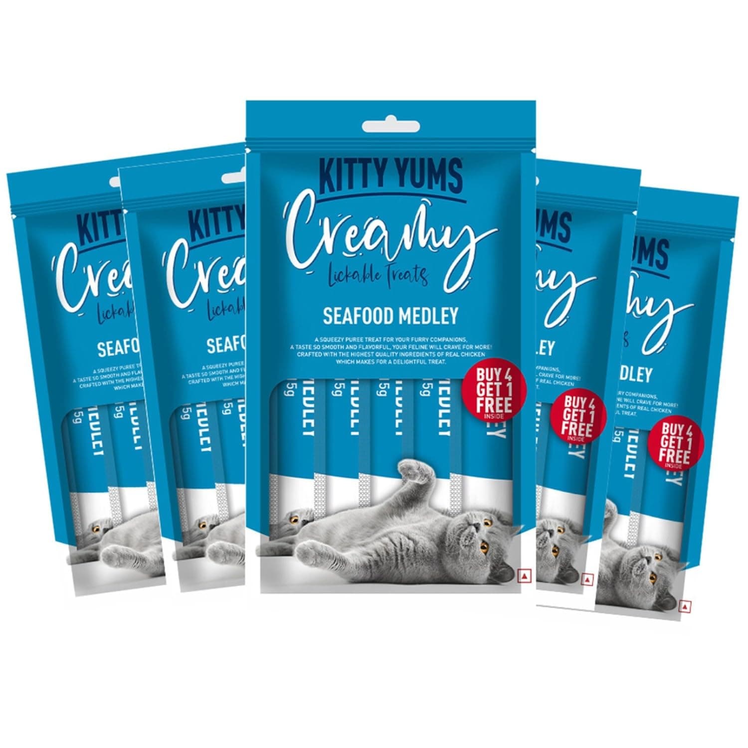 Kitty Yums Creamy Lickable Cat Treats, Seafood Medely, Pack Of 5 (25 Pcs, 375Gm) | Rich In Protein, Promotes Hydration, No Artificial Preservatives | Best For Training & Bonding | For Kitten & Adult
