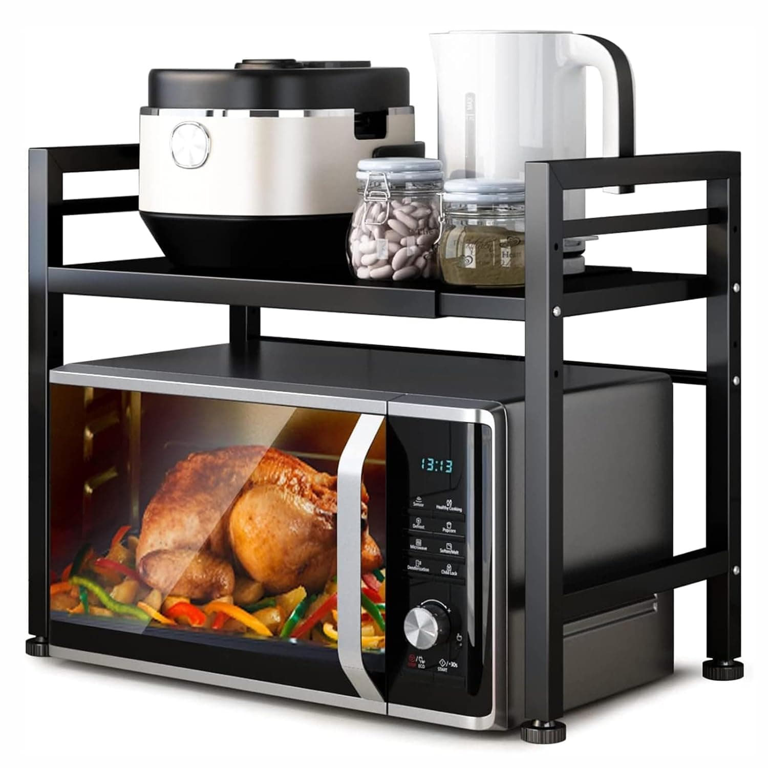 U HOOME 3 Tier Microwave Oven Rack, Expandable Microwave Oven Stand with 6 Hook,Kitchen Storage Rack Utensils Tableware Storage Shelf, Microwaves Shelf Countertop Organizer Bakers Rack,Black