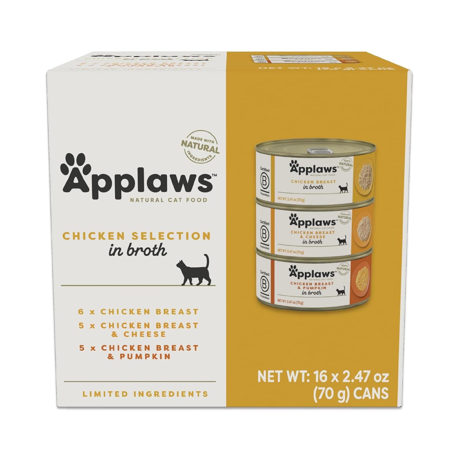 Applaws Wet Cat Food, 16 Count, Limited Ingredient Canned Wet Cat Food, Chicken Selection Variety Count in Broth, 2.47oz Cans | 100% Natural, High Quality Ingredients, High Protein, No Artificial Additives, Limited Ingredients