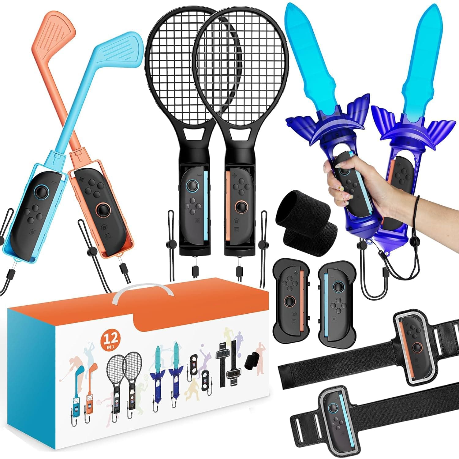 Ankila Sports Game Bundle 12 in 1 Family Party Kit Compatible for Nintendo Switch 2(2025) with Tennis Rackets, Golf Clubs, Sword Grips, Wrist Bands, Leg Strap & More for Switch 2 Sports Games