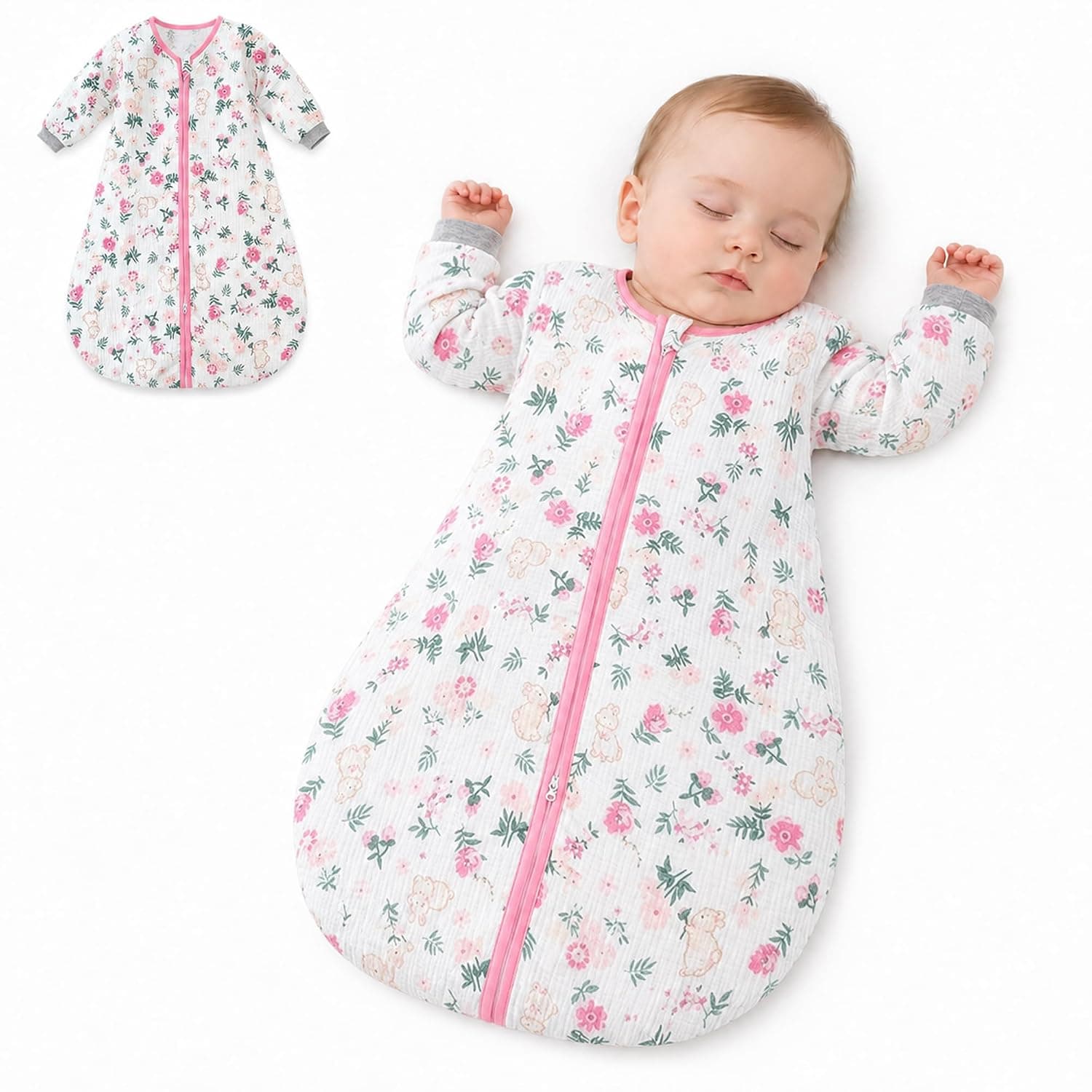 Baby Sleep Sack with Sleeves, Soft Cotton Wearable Blanket with Two-Way Zipper, Detachable Sleeve Baby Sleeping Bag with Elastic Cuffs & Wide Hem for 0-24 Month Old Babies