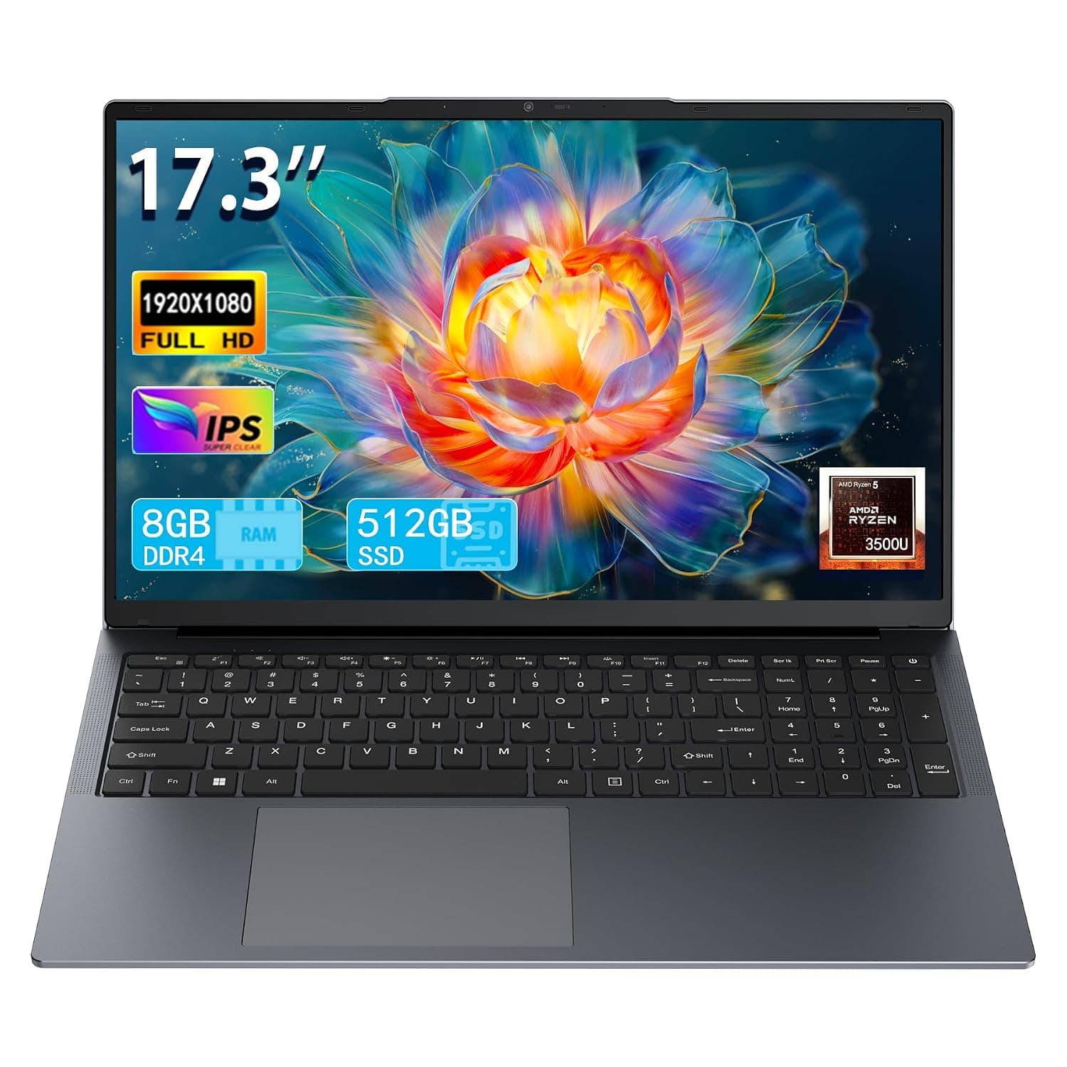 17 Inch Laptop with Ryzen 3500U, 8GB RAM, 512GB SSD, FHD IPS Display, Backlit Keyboard, Webcam,RJ45, Dual Wi-Fi, Bluetooth 4.2, HDMI, USB 3.0, Type-C