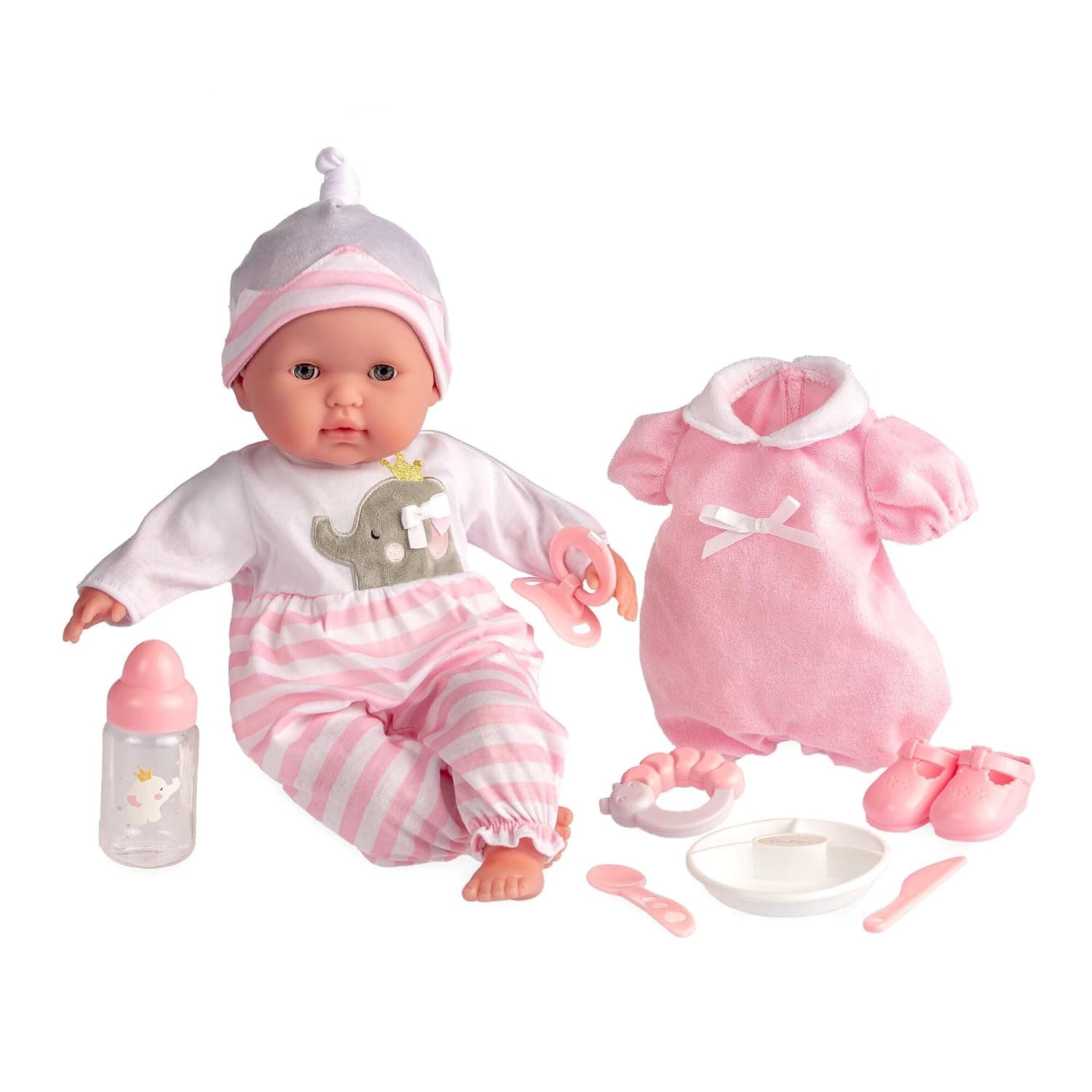 JC Toys 15" Realistic Soft Body Baby Doll with Open/Close Eyes | - Berenguer Boutique | 10 Piece Gift Set with Bottle, Rattle, Pacifier & Accessories | Pink | Ages 2+