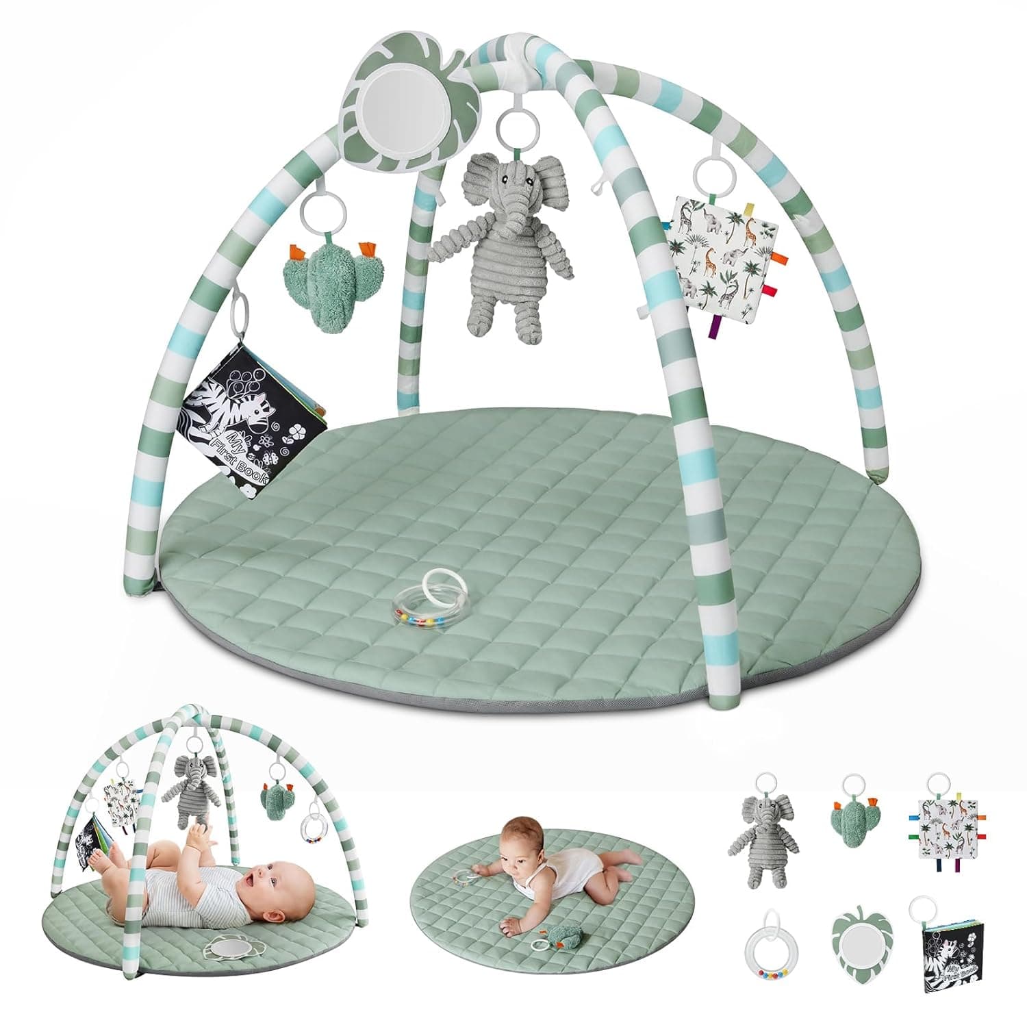 Blissful Diary Baby Play Gym Mat, Tummy Time Activity Mat with 6 Detachable Toys for Stage-Based Sensory and Motor Skill Development, Washable Play Mats for Infant, Newborn Baby Essentials, Sage Green