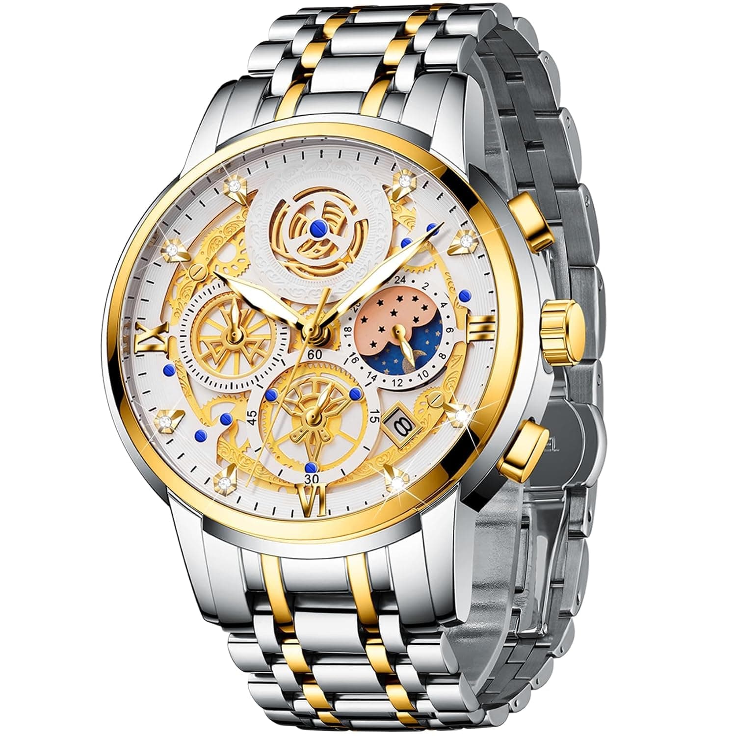 Luxury Men's Moon Phase Watch Multifunction Chronograph Quartz Wristwatch with Luminous Dial Waterproof Stainless Steel Strap