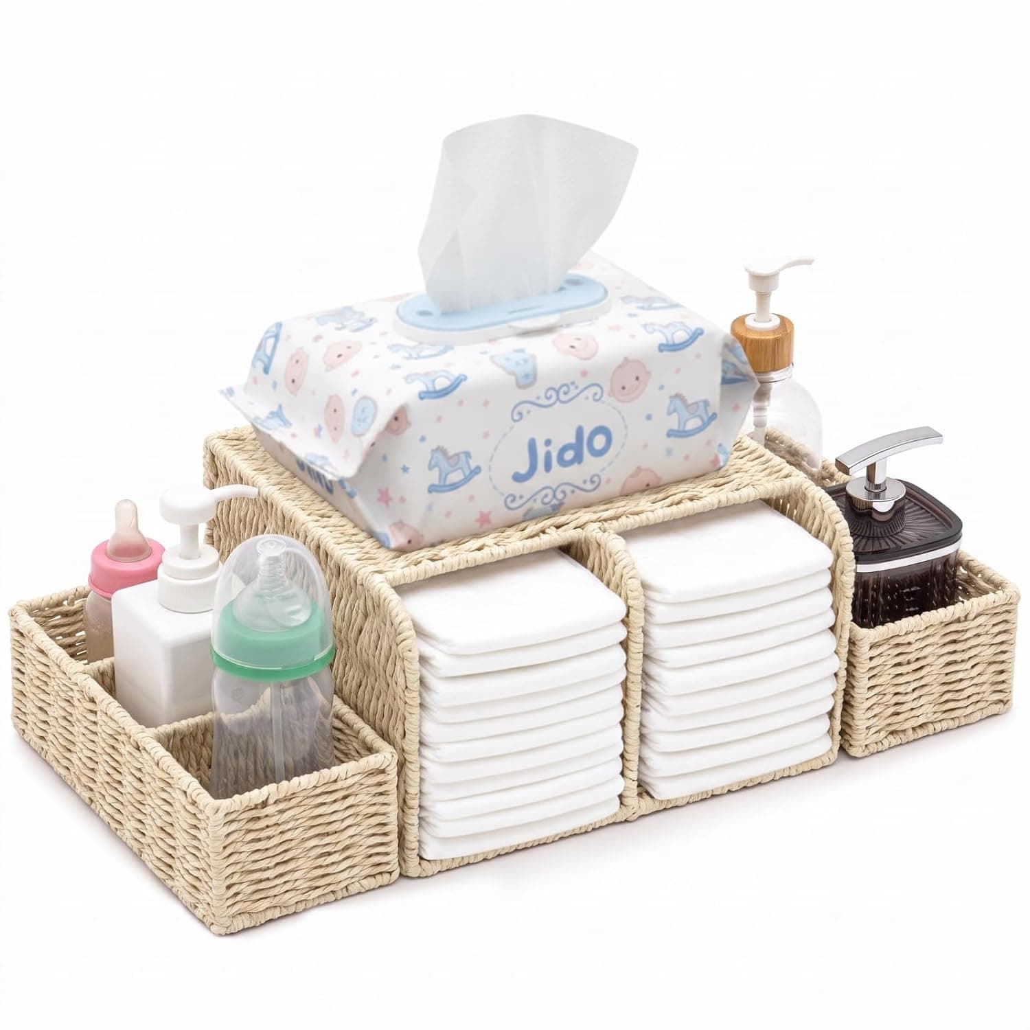 Large Wicker Diaper Caddy Organizer, Detachable Modular Changing Table Organizer for Nursery, Woven Diaper Storage Dispenser Basket for Nursery Diapering Baby Essentials Gift(White,Paper)