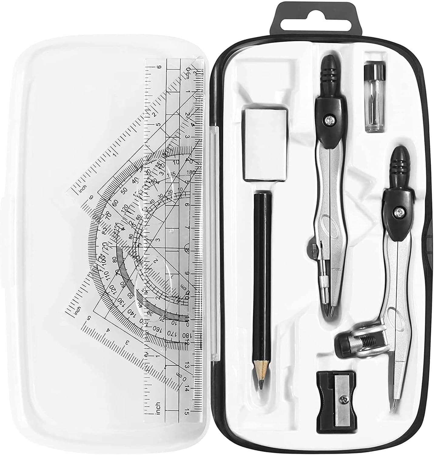 SYOSI Math Geometry Kit Sets 10 Piece Student Supplies with Shatterproof Storage Box, Includes Rulers, Protractor, Compass, Eraser, Pencil Sharpener, Lead Refills, Pencil, for Drafting and Drawings