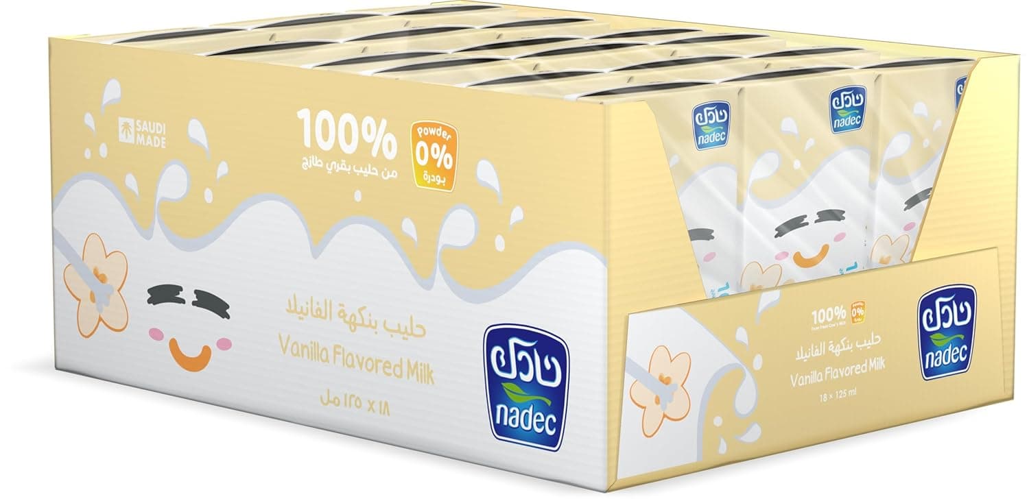 حليب من نادك معالج بدرجة حرارة عالية جدا بنكهة الفانيليا، 18 × 125 مل