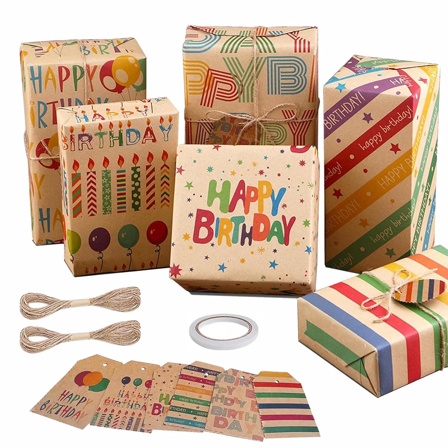 BIGTHREE Birthday Wrapping Paper, 6 Sheets Recycled Gift Wrapping Paper Set, 50 x 70cm Kraft Wrapping Paper Sheets with Tags Tape Stickers for Gift Wrapping, Graduations, Birthday, Holiday DIY Gift