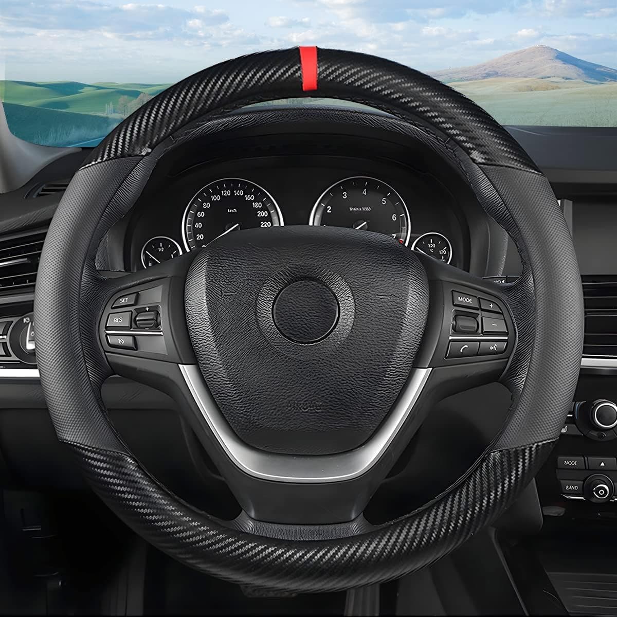 Bolivia's Car Steering Wheel Cover Carbon Fiber, 38 cm Breathable Anti-Slip Interior Accessory, Carbon Fiber Pattern Steering Wheel Cover for Most Cars, Trucks, SUV, Men and Women Universal Fit