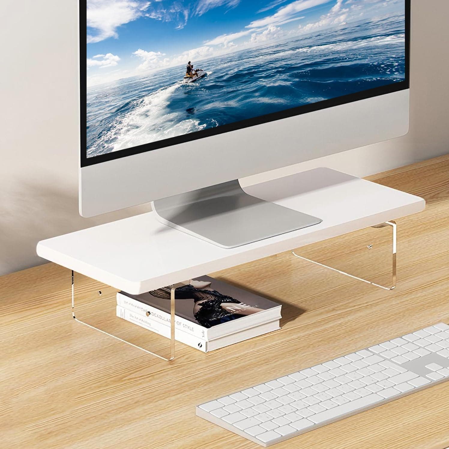 Adjustable Acrylic Monitor Stand Riser - 2 Height Settings (2.16 & 3.34 inch) with Installation Tool, Office Desk Organizer & Storage Rack for PC, Laptop, Printer – White 7.8"x15.7"