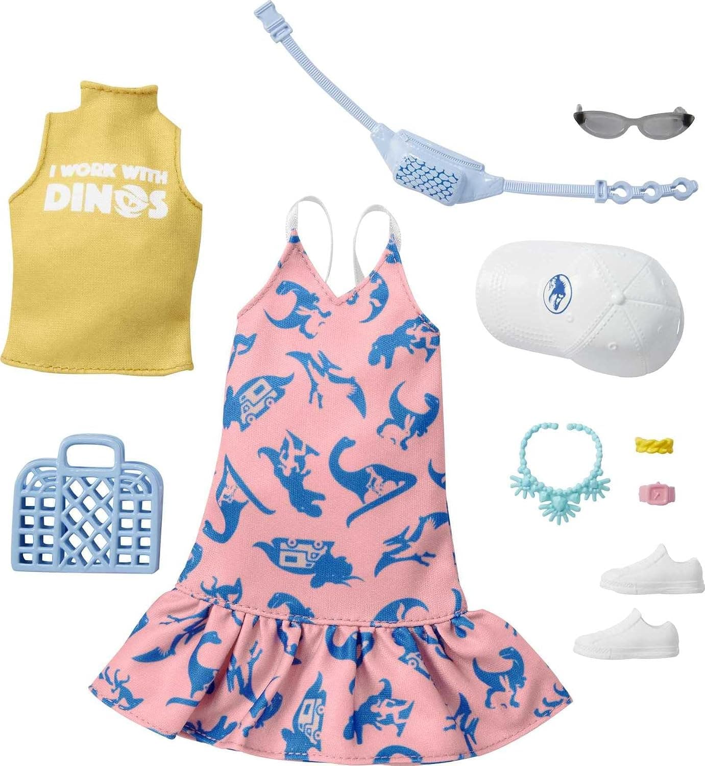 Barbie Clothing & Accessories Inspired by Jurassic World 10 Storytelling Pieces for Barbie Dolls: Sleeveless Top & Sundress Tote, Hat, Fanny Pack, Sunglasses & More, Gift for 3 to 8 Year Olds