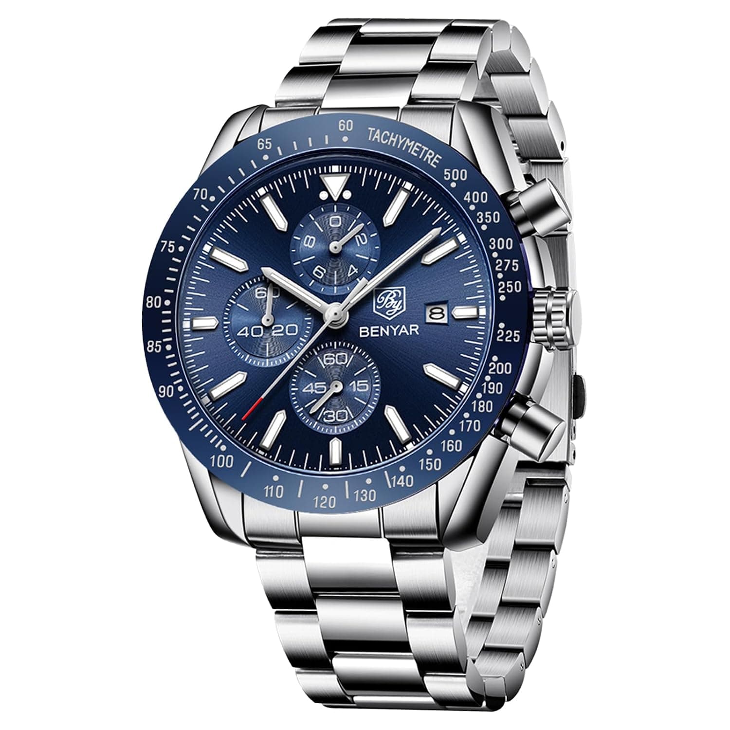 BY BENYAR Men's Waterproof Analog Quartz Chronograph Luminous Date Large Dial Classic Business Fashion Watches Leather Strap Elegant Gift for Men