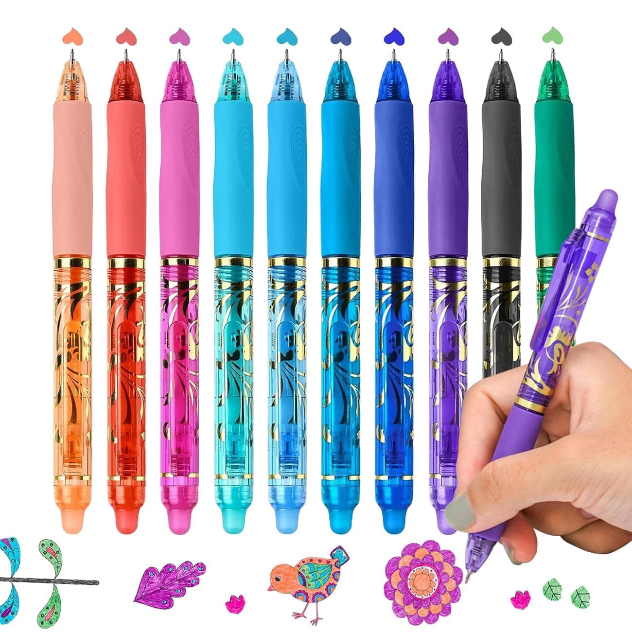 10-Pack Colored Erasable Gel Pens with 0.5mm Fine Point, Quick-Drying, Retractable, Smudge-Free Ink, Comfortable Grip Pens for School, Office, Note Taking, Exams, and Homework