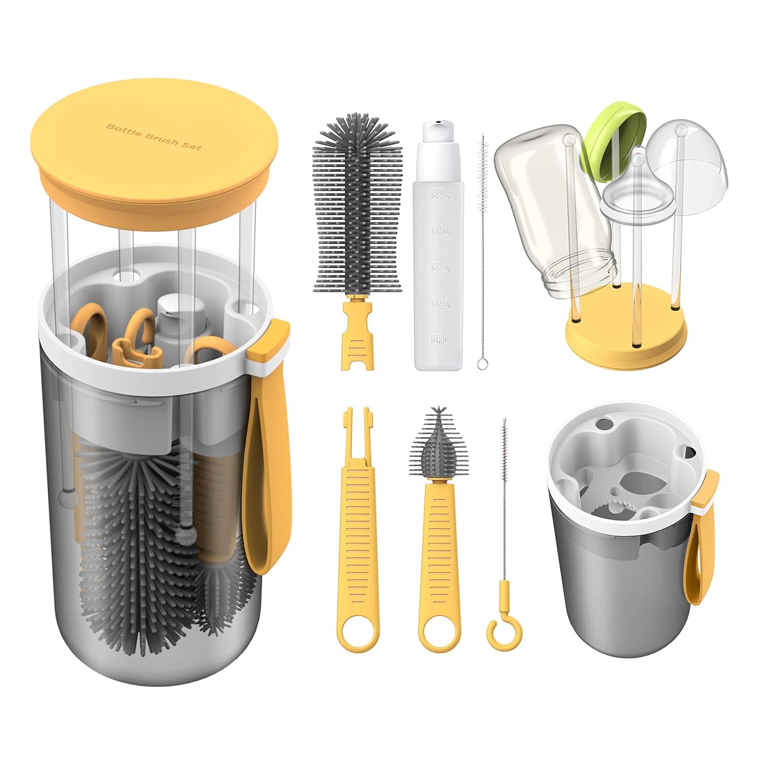 Baby Essential Travel Bottle Cleaner Kit with Silicone Bottle Brush，Built-in Snap-on Drying Rack，Silicone -Shaped Brush，2 Straw Brushes，Bottle Soap Dispenser，Bottle Warmer Bowl.（Yellow）